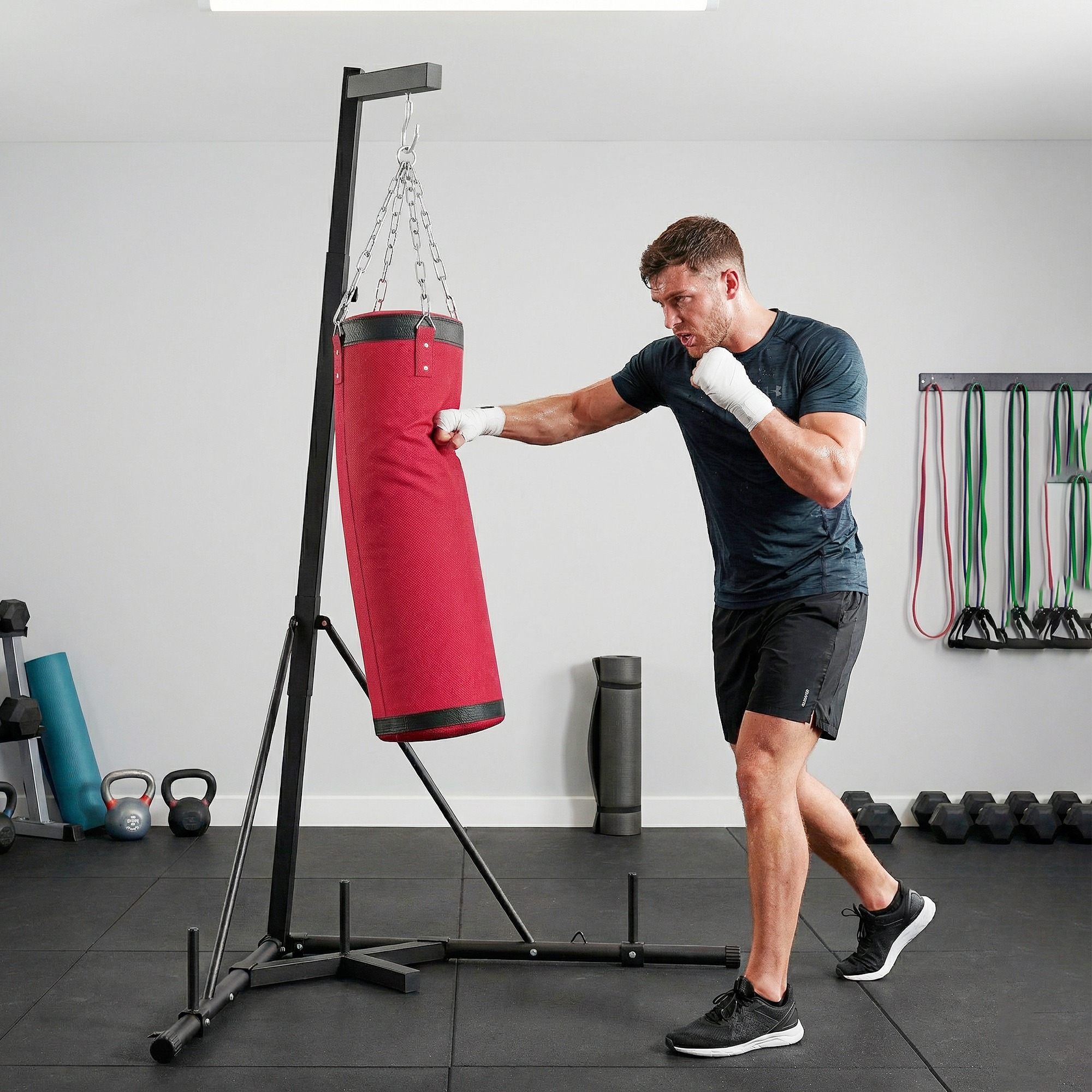 Punching Bag with Stand for Adults, 72.8"-90.9" Height Adjustable Freestanding Boxing Stand with Canvas Sandbag, Red