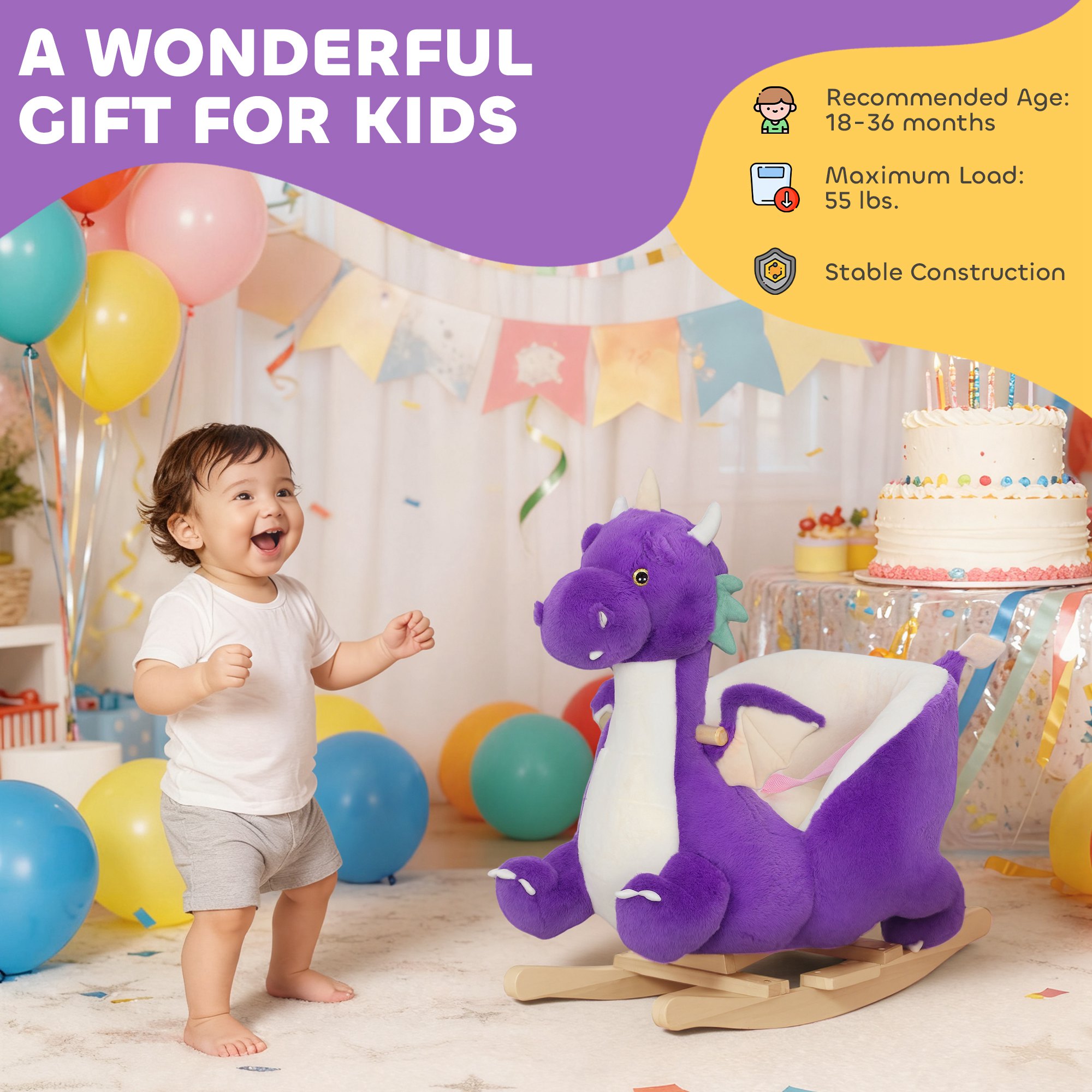 Baby Rocking Horse, Kids Ride On Toy with Realistic Dragon Roar and Safety Belt for Kids 18–36 Months, Purple