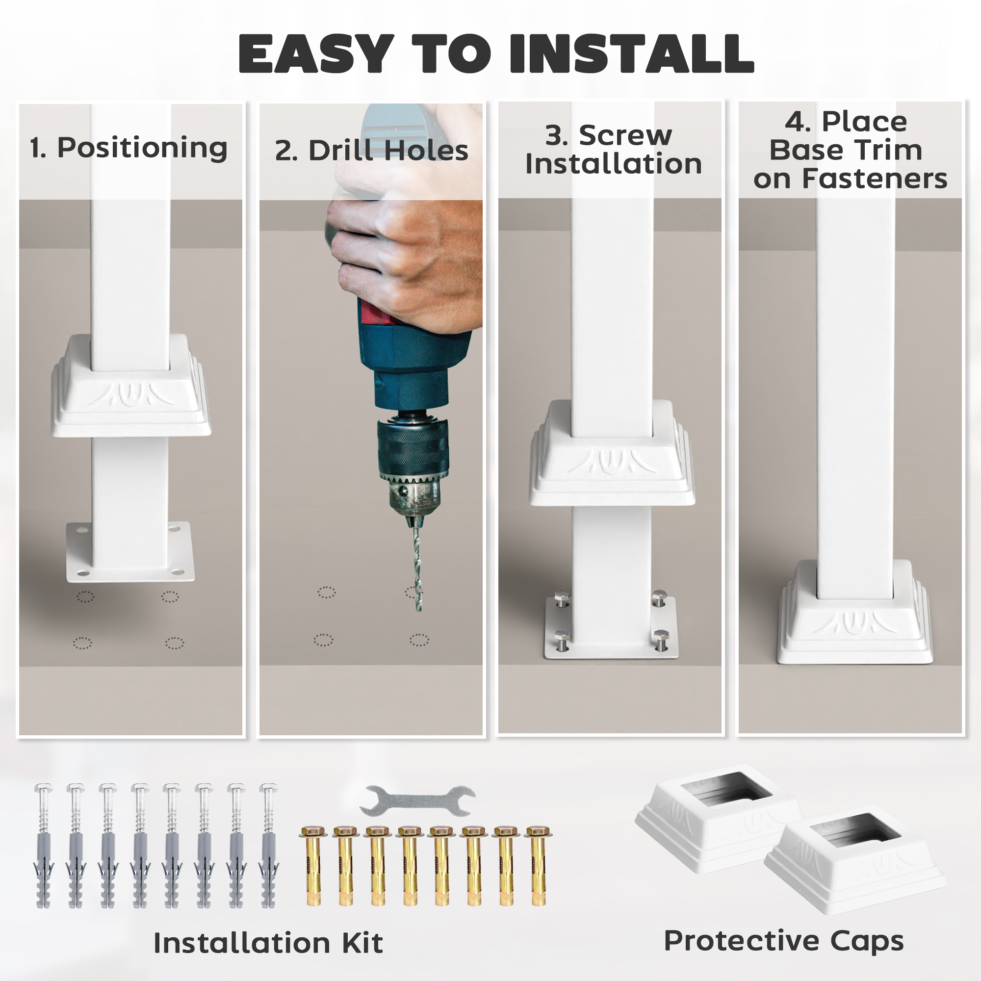  1-3 Step Metal Handrails for Outdoor Steps, Porch Deck Stair Railing with Installation Kit for Concrete Steps, White