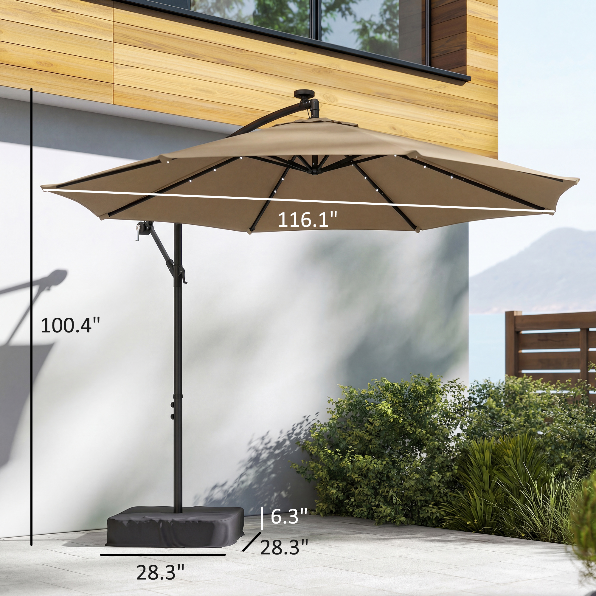  10 ft Cantilever Patio Umbrella with Light, Weight, Offset Hanging Outdoor Umbrella with Protective Cover, Tan