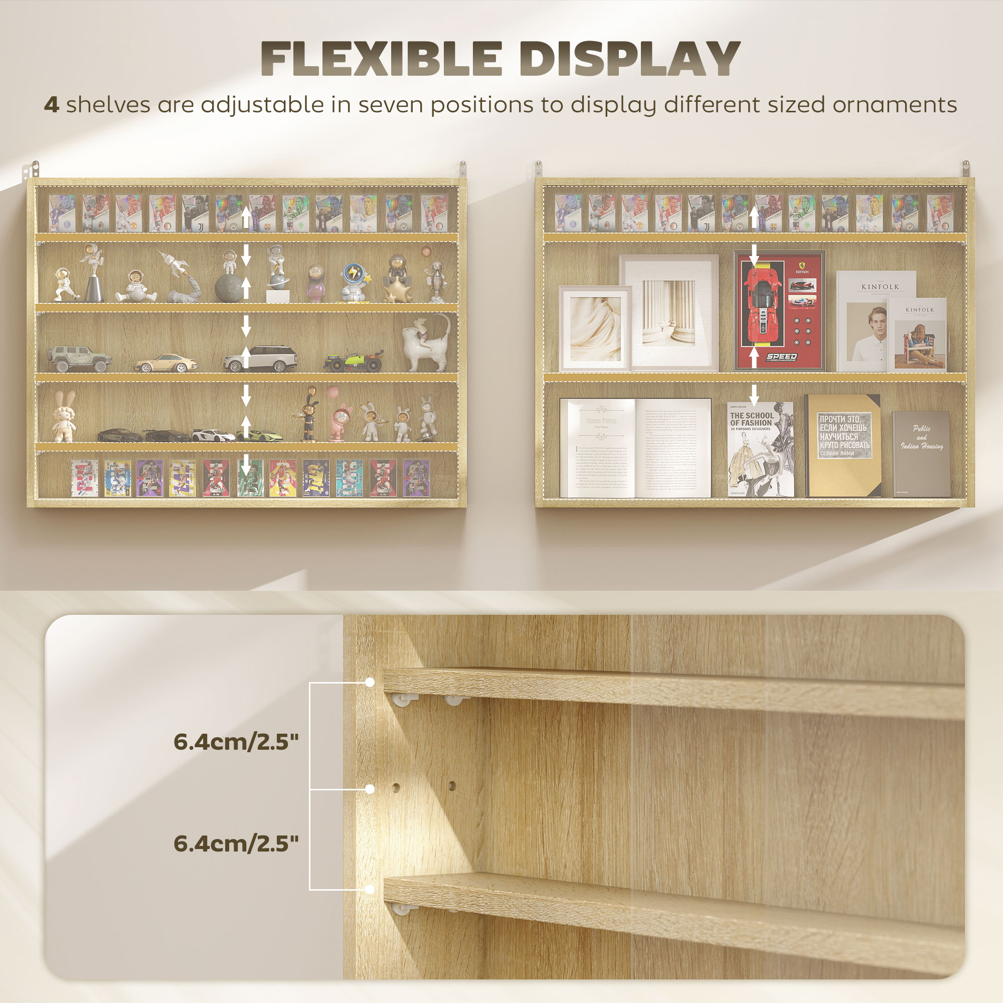 5-Tier Display Cabinet, Wall-Mounted Display Case with 2 Glass Doors and Adjustable Shelves, Oak image 3