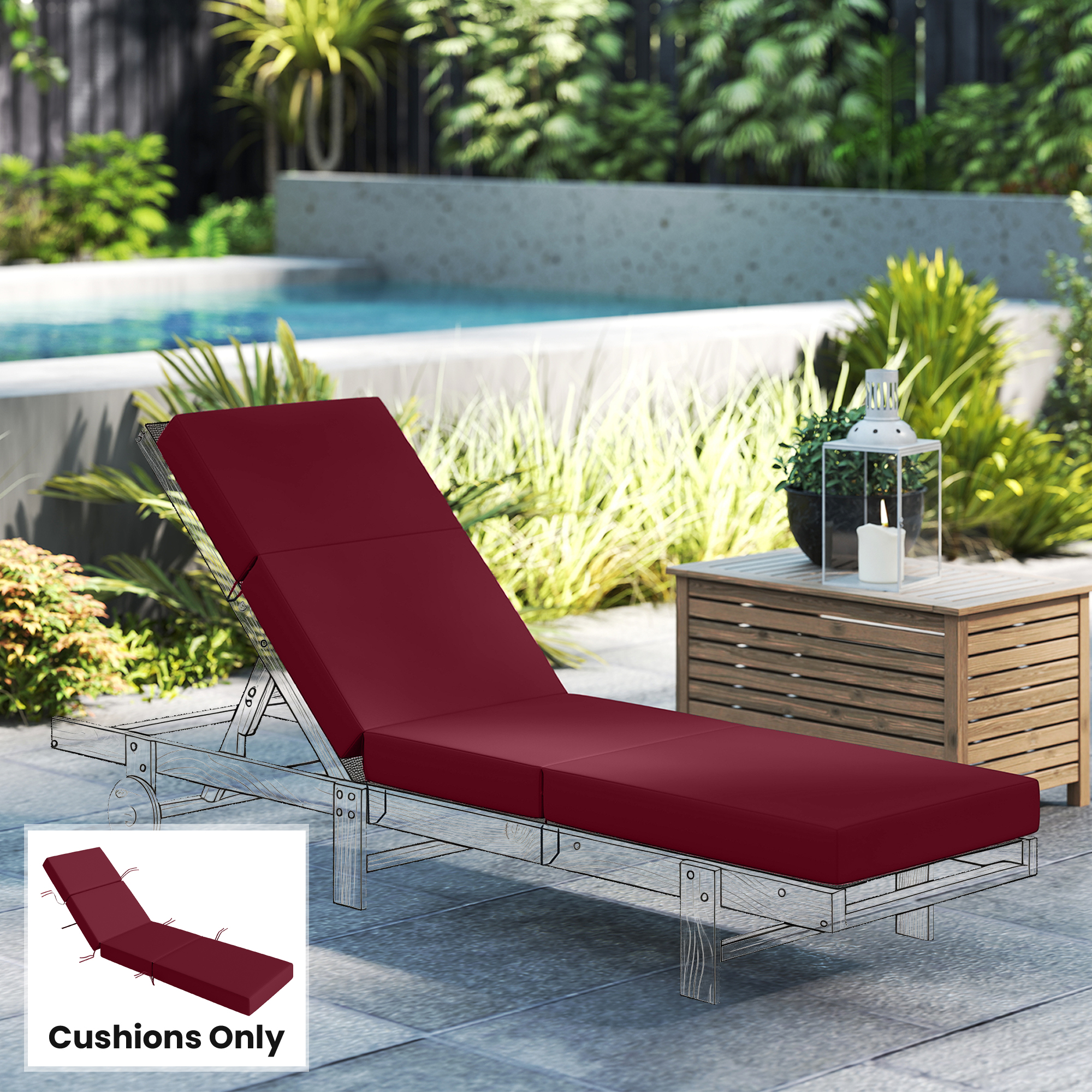  Chaise Lounge Cushion, 4" Thick Outdoor Lounge Chair Cushion with Ties for Patio, 21" x 72 ", Red