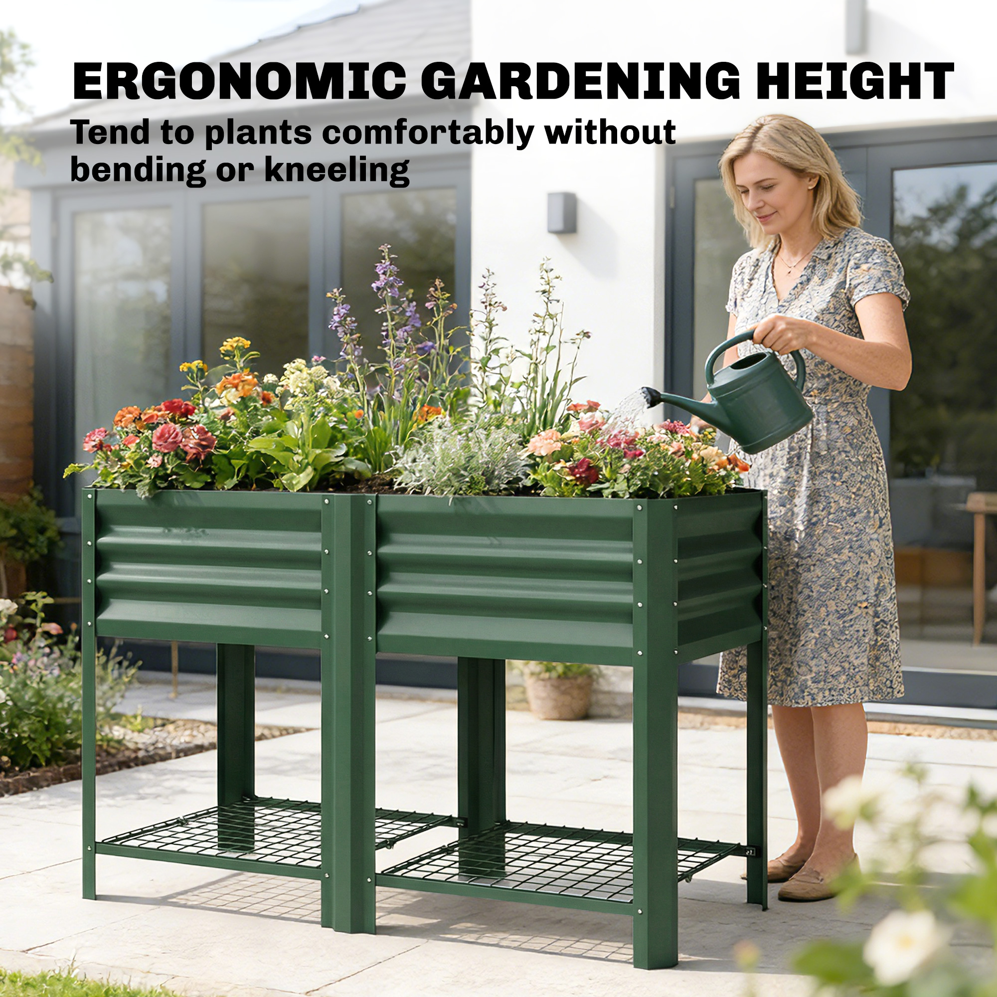  Raised Garden Bed Galvanized Steel, Elevated Planter Box with Storage Shelf, Bed Liner, 31.5" High, Green