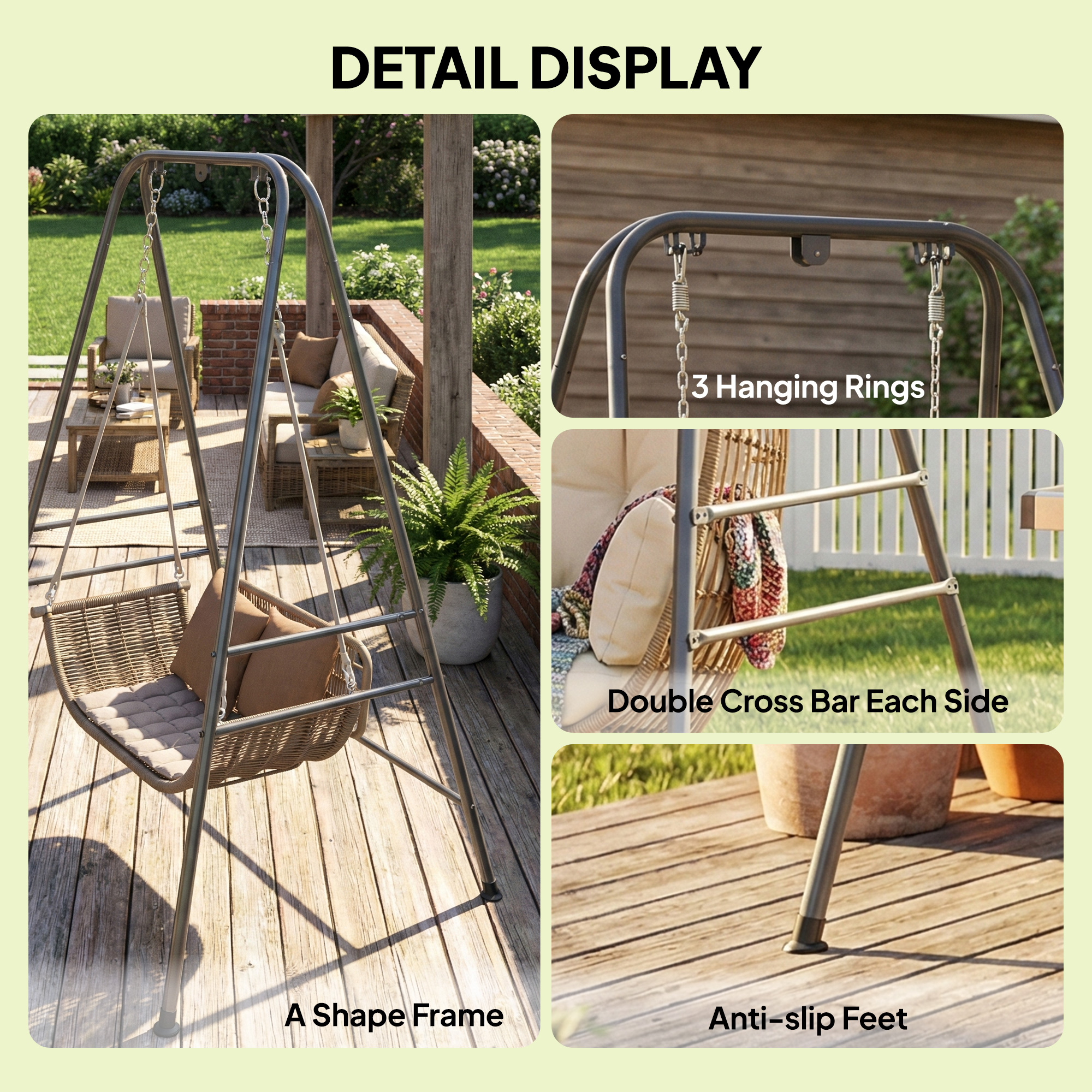  Hammock Chair Stand  Indoor and Outdoor Use with Anti-Slip Foot Pads, 2 Carabiners, Gray