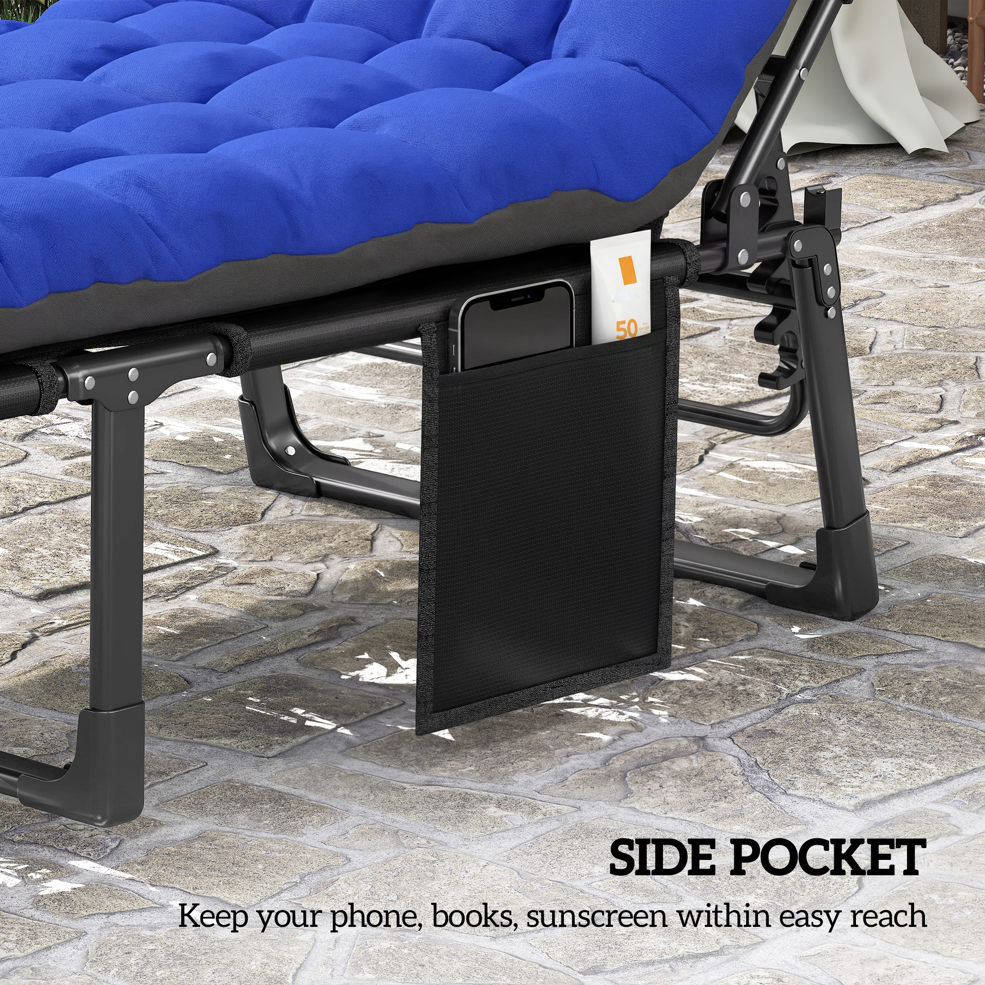  Folding Chaise Lounge Chair Outdoor Tanning Chair with 5-Position Backrest, Cushion, Side Pocket, Gray/Blue