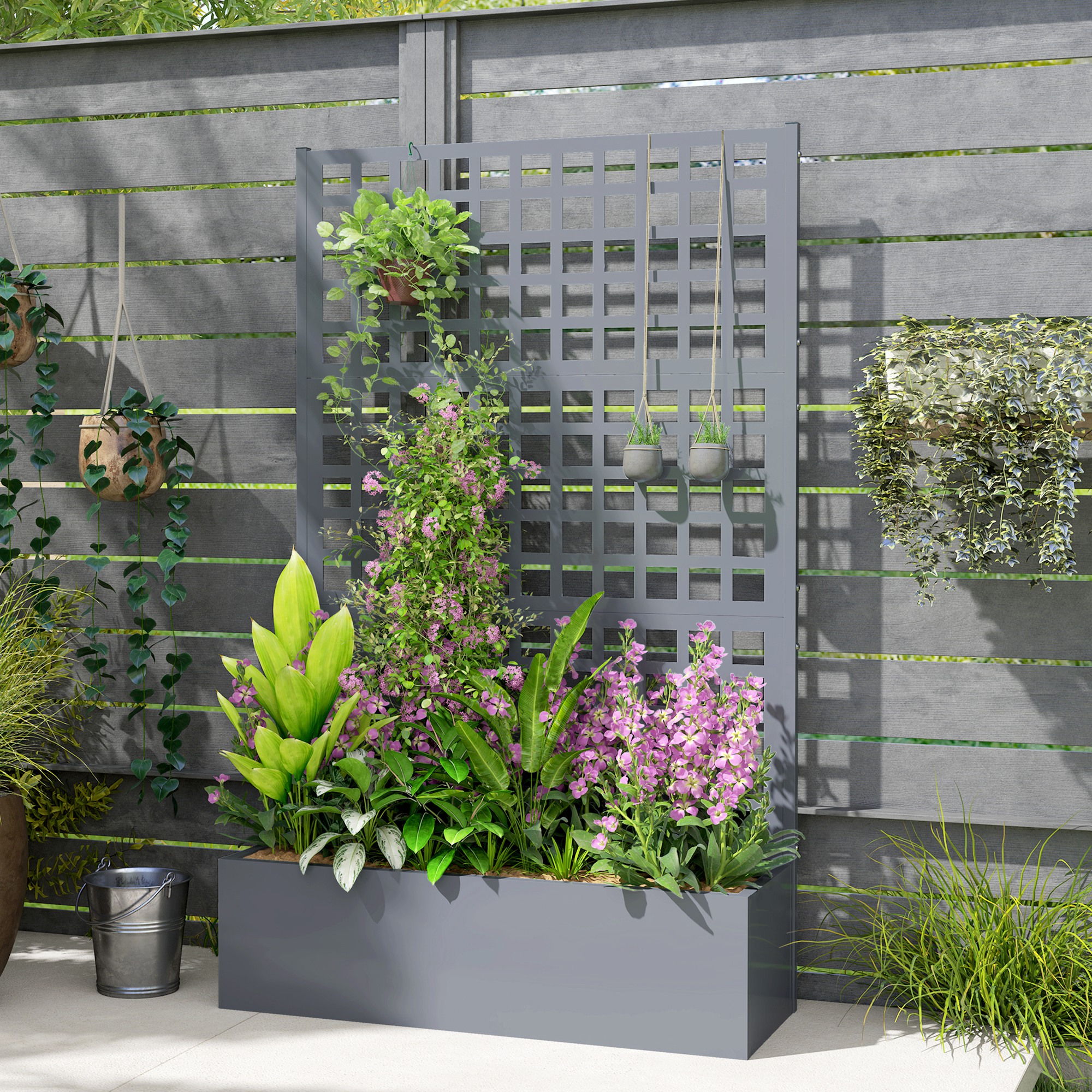  Galvanized Raised Garden Bed Planter Box with Trellis for Climbing Plants, Vegetable, Vines, 43" x 16" x 70", Gray