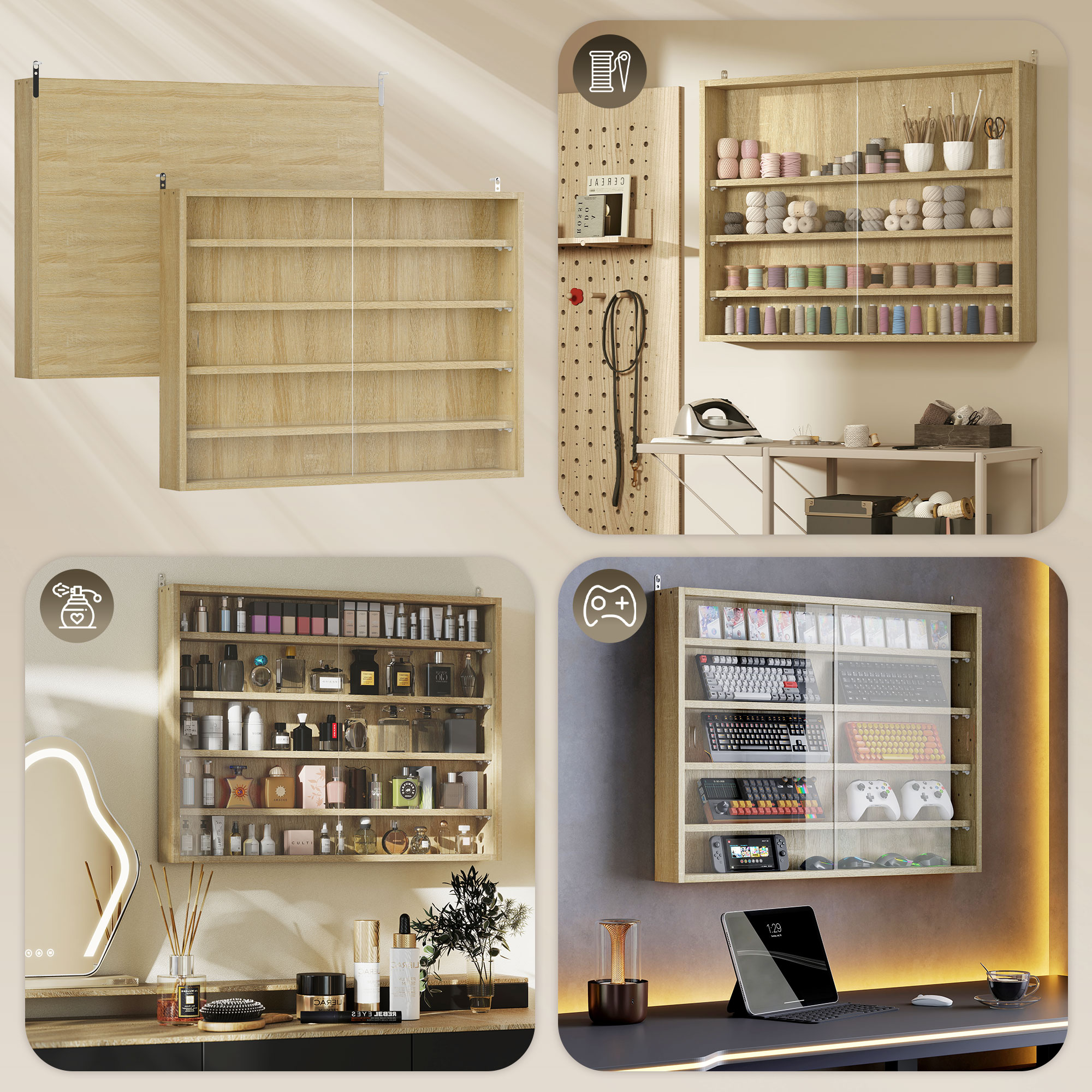 5-Tier Display Cabinet, Wall-Mounted Display Case with 2 Glass Doors and Adjustable Shelves, Oak image 6