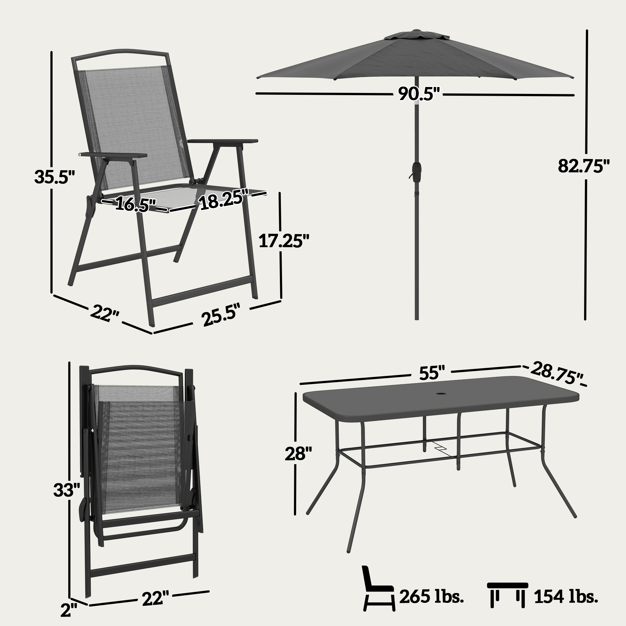  8 Piece Outdoor Dining Set, Patio Furniture Set with Umbrella, 6 Folding Chairs, Rectangle Table and Mesh Seat, Black