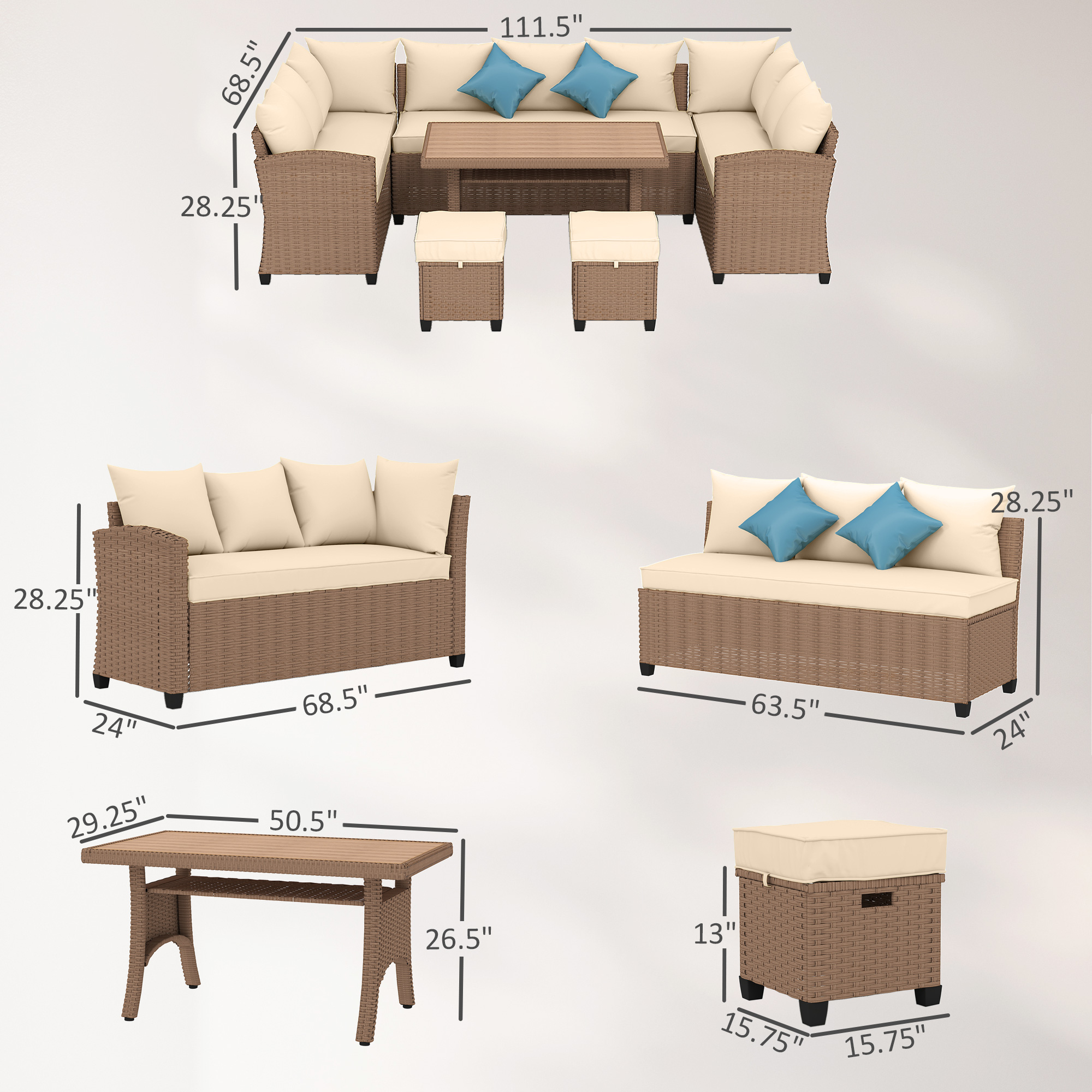  6 Piece Patio Furniture Set, PE Wicker Outdoor Furniture Conversation Set with 3 Sofas, 2 Ottomans and Slatted WPC Top Dining Table, All Weather Sectional Sofa Couch with Pillows, Khaki