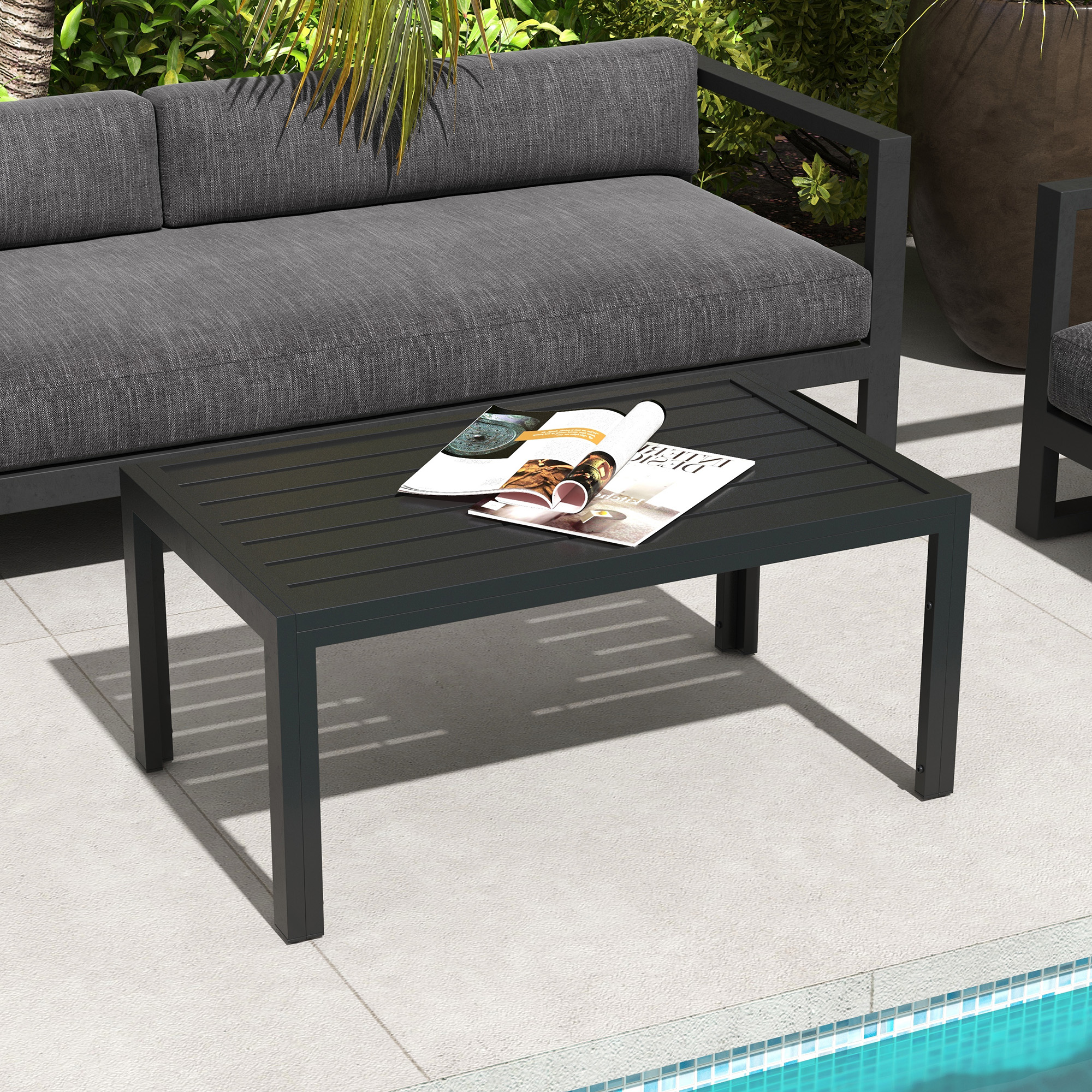 Outdoor Coffee Table, Rectangular Patio Side Table with Steel Frame and Slat Tabletop for Garden, Balcony, Black