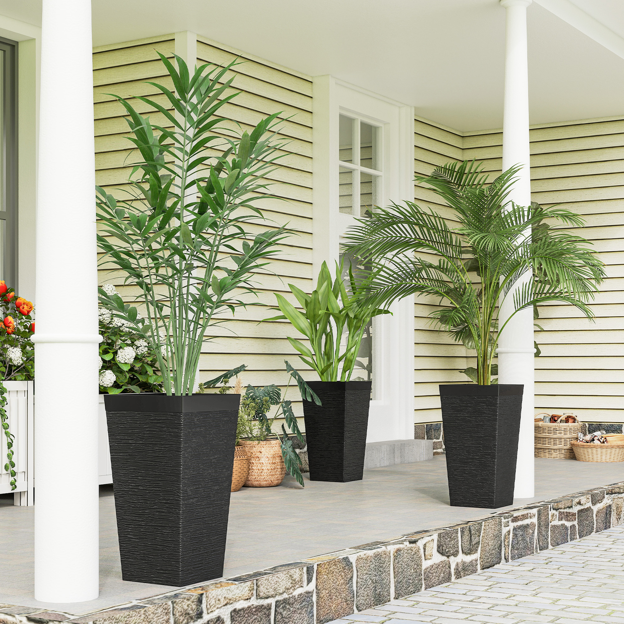 22.8 Inch Set of 3 Outdoor Planters with Stone Finish and Wheels, Stackable Tapered Planters with Drainage Hole, Black