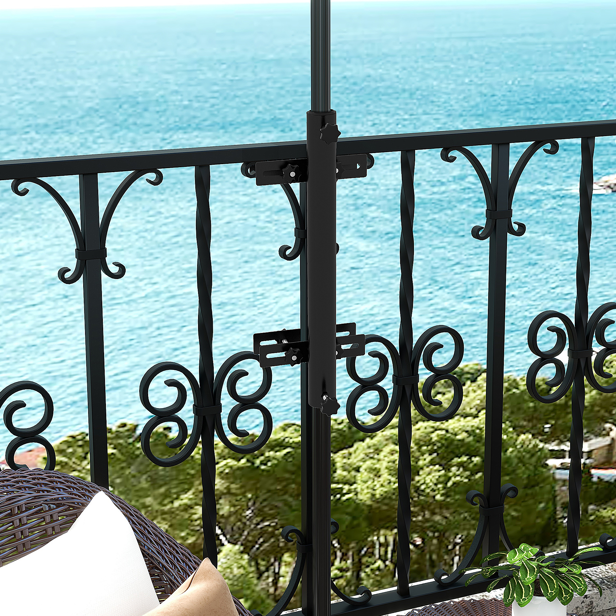  Patio Umbrella Holder Stand for Deck Railing, Umbrella Deck Mount Bracket with Adjustable Clamps, Black