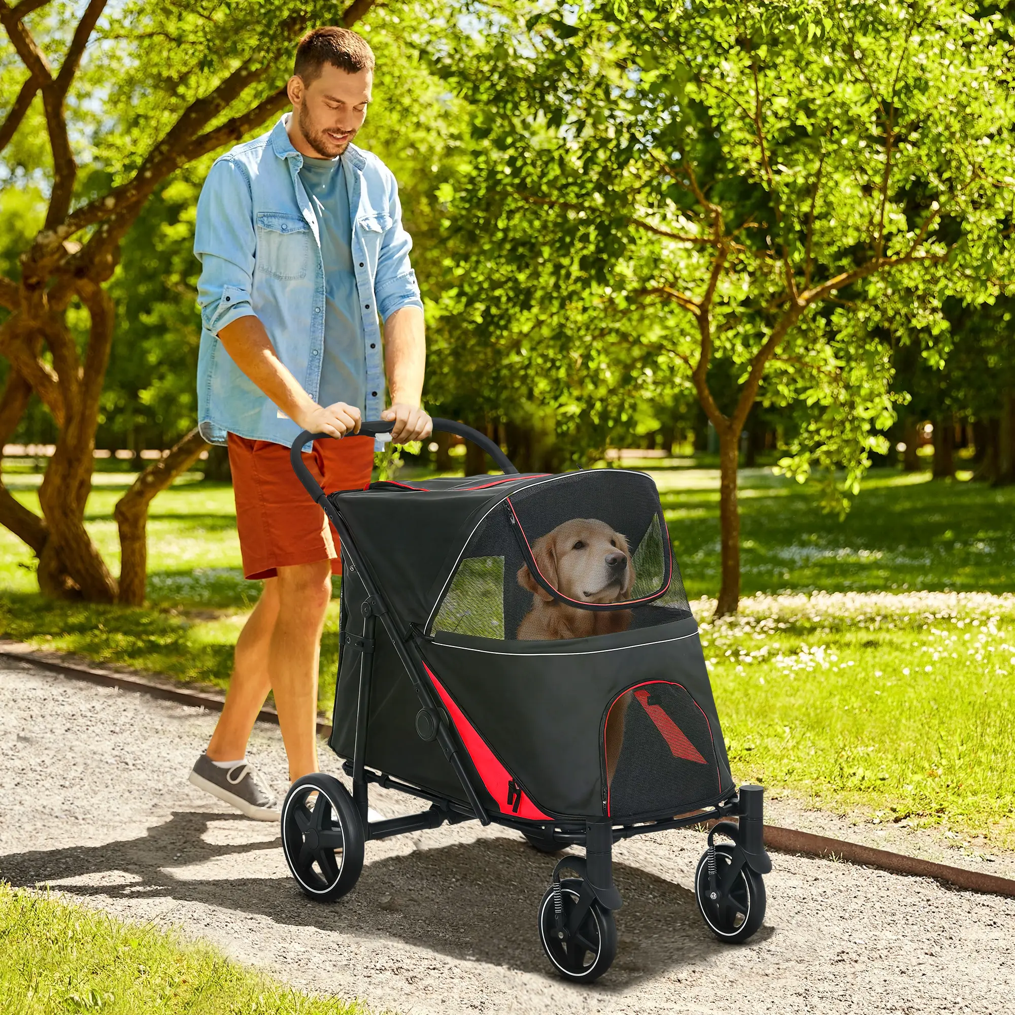 One-Click Foldable Dog Stroller for M, L Dogs, Pet Stroller, Black