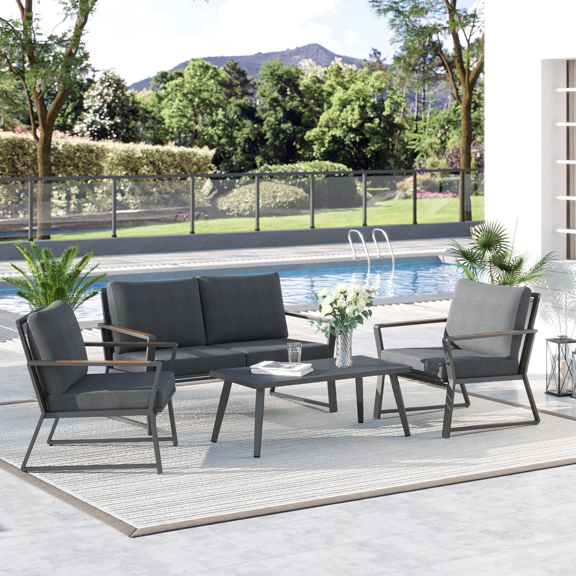  4 Piece Patio Furniture Set, Aluminum Conversation Set, Outdoor Garden Sofa Set with Armchairs, Loveseat, Center Coffee Table and Cushions, Dark Grey