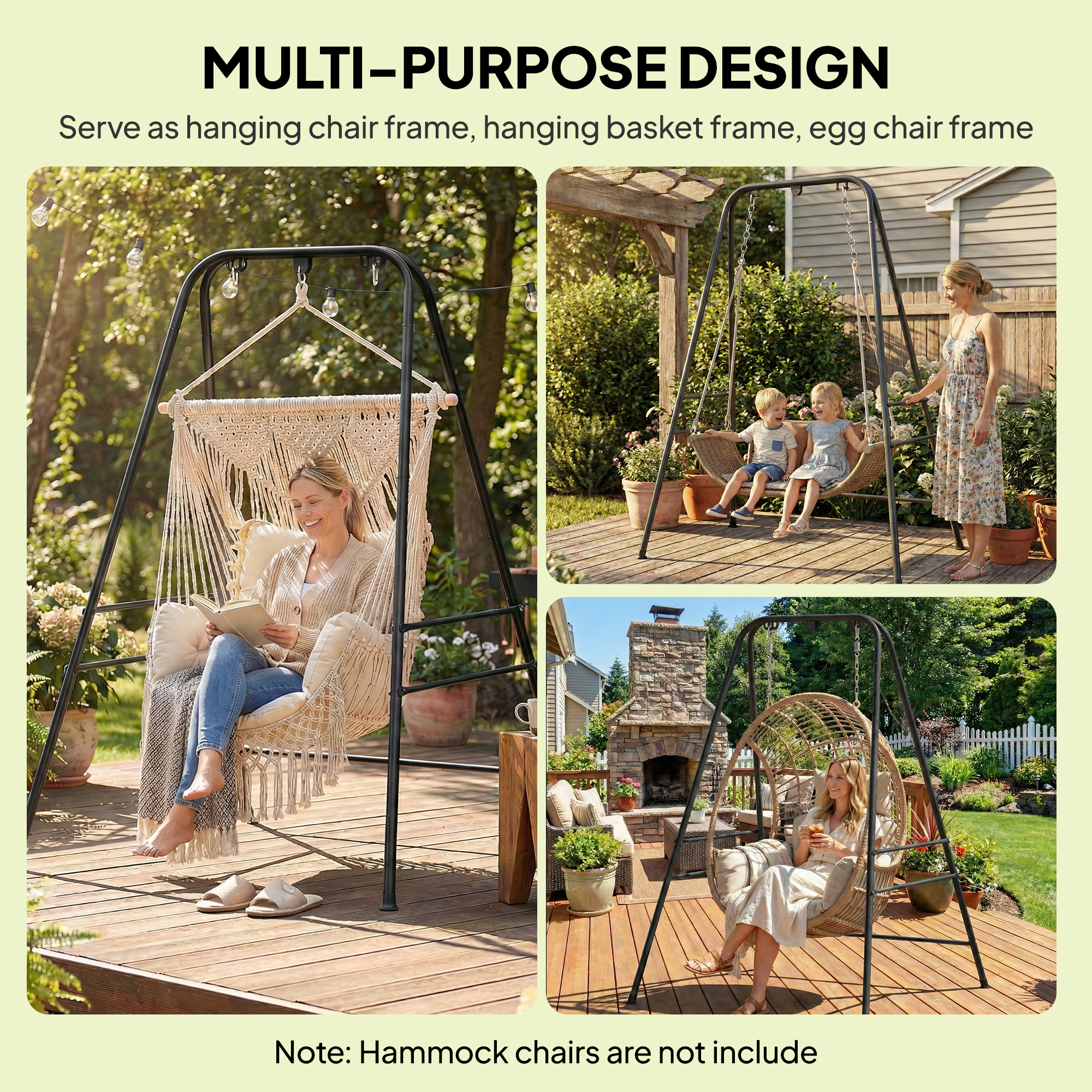  Hammock Chair Stand  Indoor and Outdoor Use with Anti-Slip Foot Pads, 2 Carabiners, Black