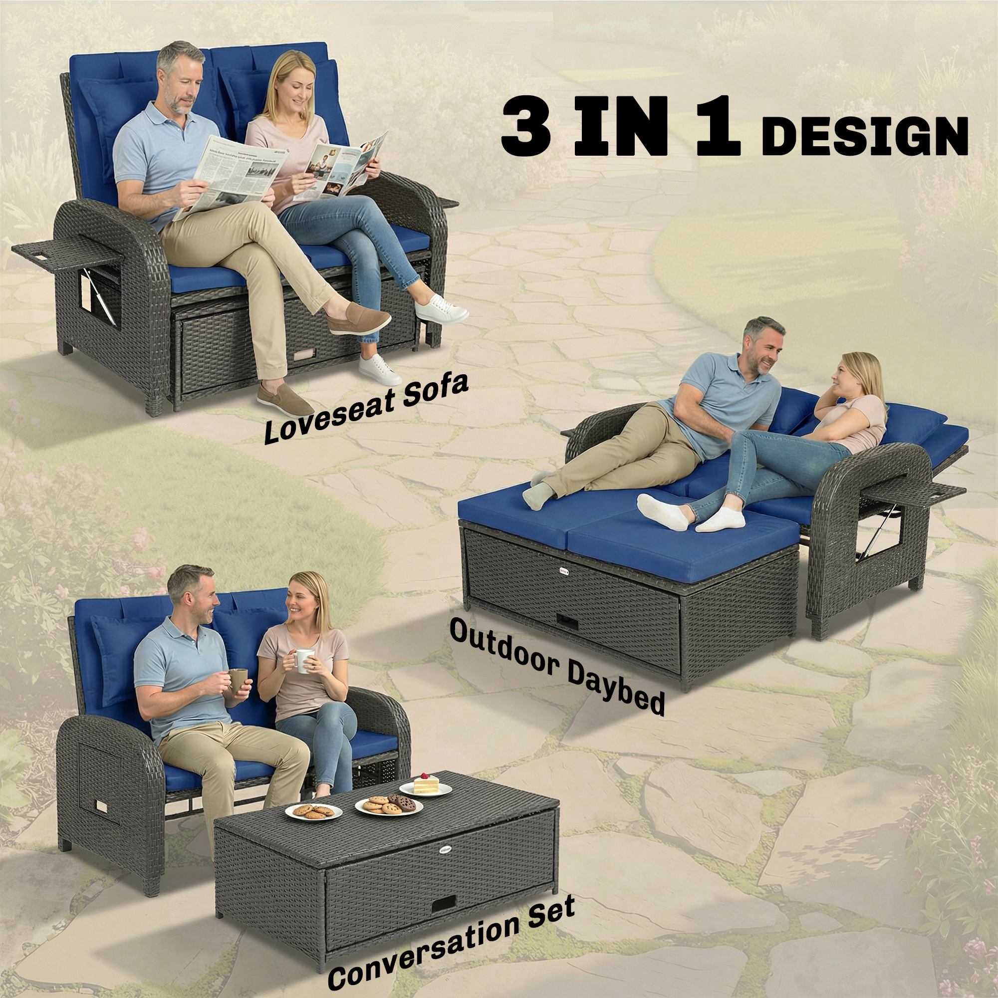  Patio Rattan Daybed, Wicker Outdoor Daybed with Storage Ottoman, Loveseat w/ Adjustable Backrest, Side Tables, Navy Blue