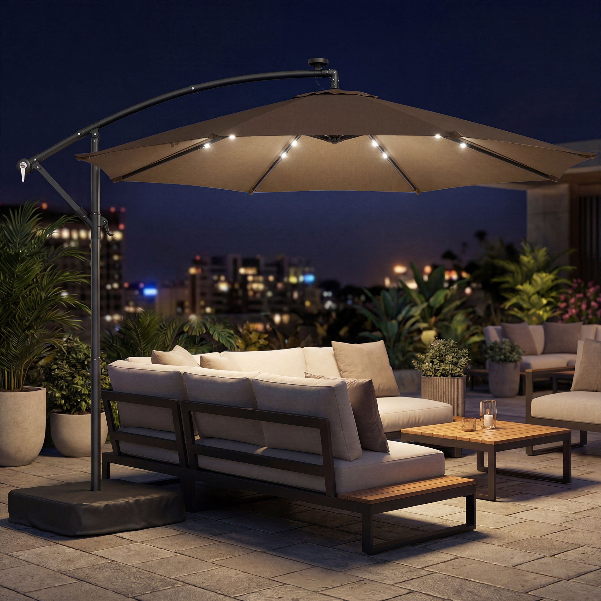  10 ft Cantilever Patio Umbrella with Light, Weight, Offset Hanging Outdoor Umbrella with Protective Cover, Tan