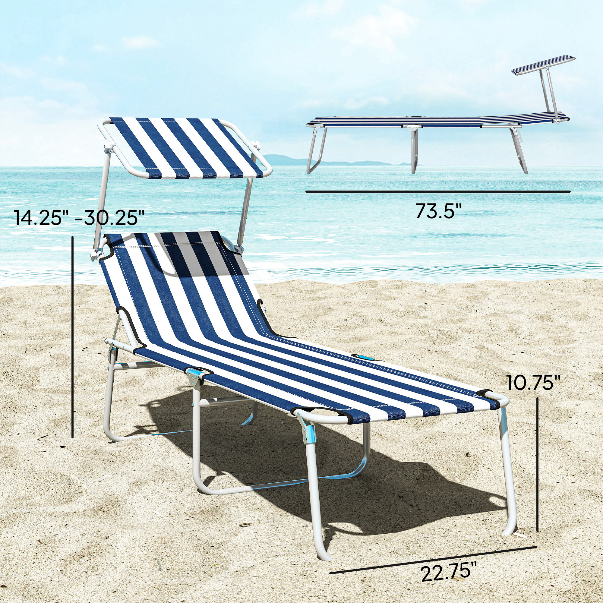  Outdoor Pool Chaise Lounge Chair, Folding Tanning Chair with Sun Shade, Blue and White