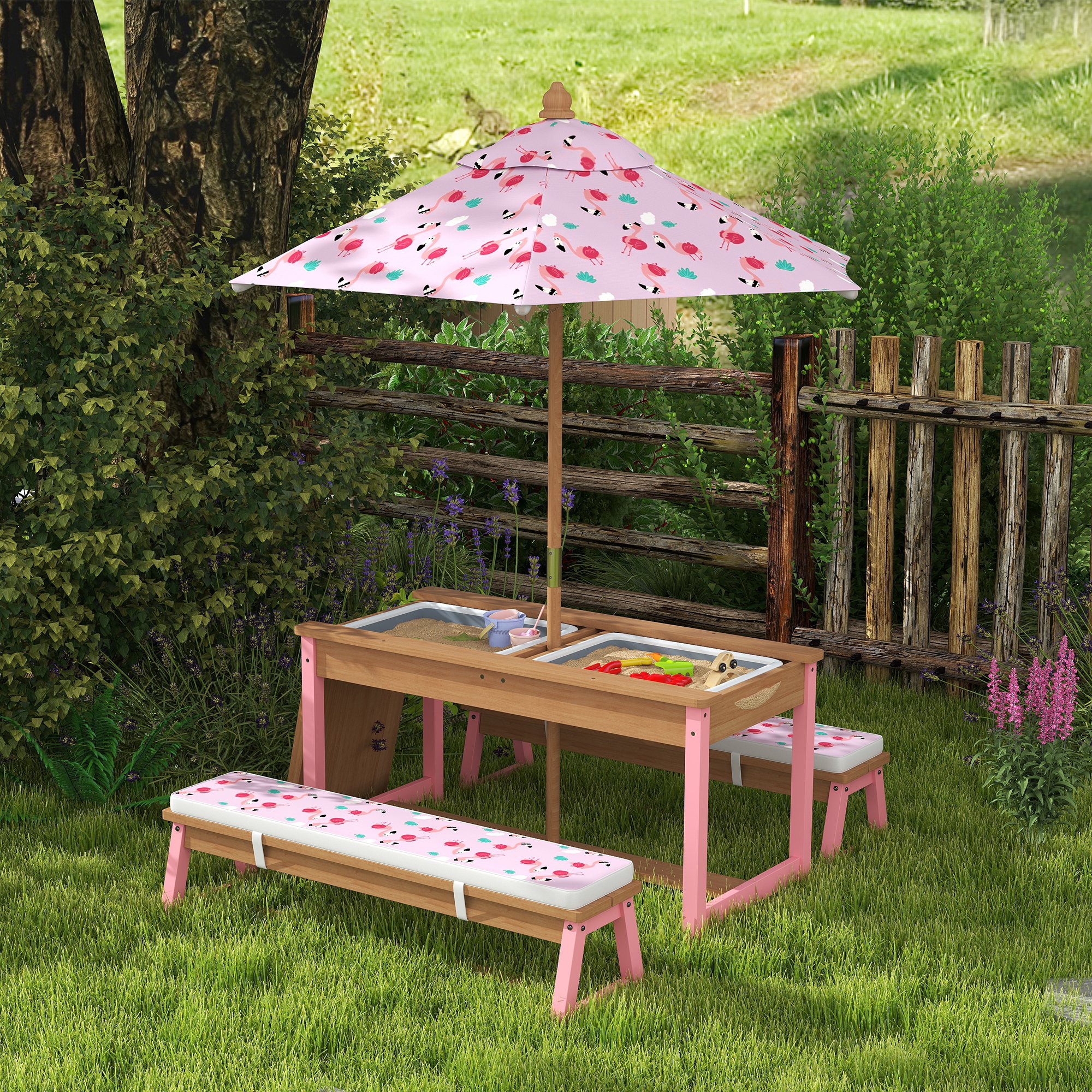 Kids Picnic Table Set with Foldable Umbrella, Removable Cushions & Boxes, Flamingo Theme, Pink