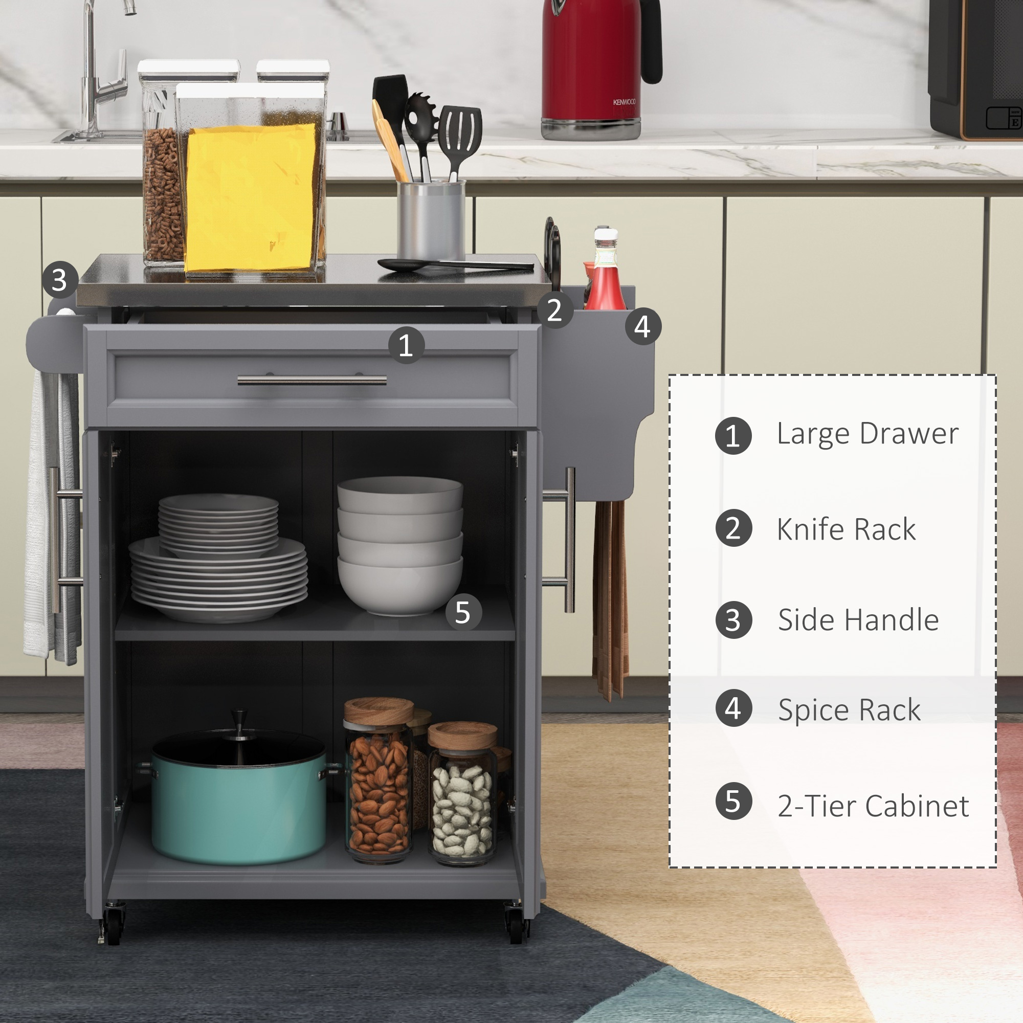  Kitchen Island on Wheels, Rolling Kitchen Cart with Stainless Steel Countertop, Drawer, Towel Rack and Spice Rack, Utility Storage Trolley, Gray