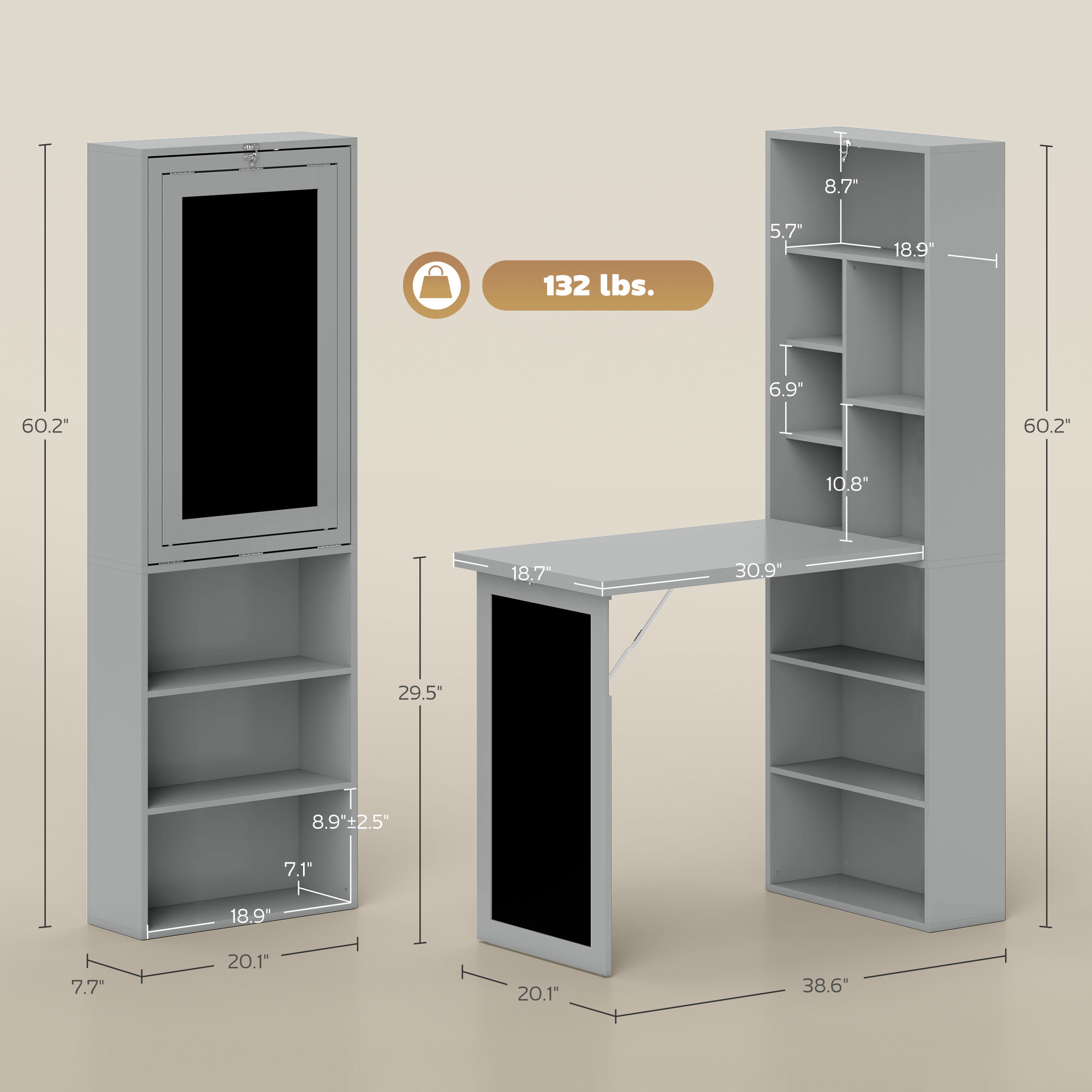 Fold-out Convertible Office Desk, Wall Mount Computer Desk with Blackboard and Side Shelf, Charcoal Gray image 2