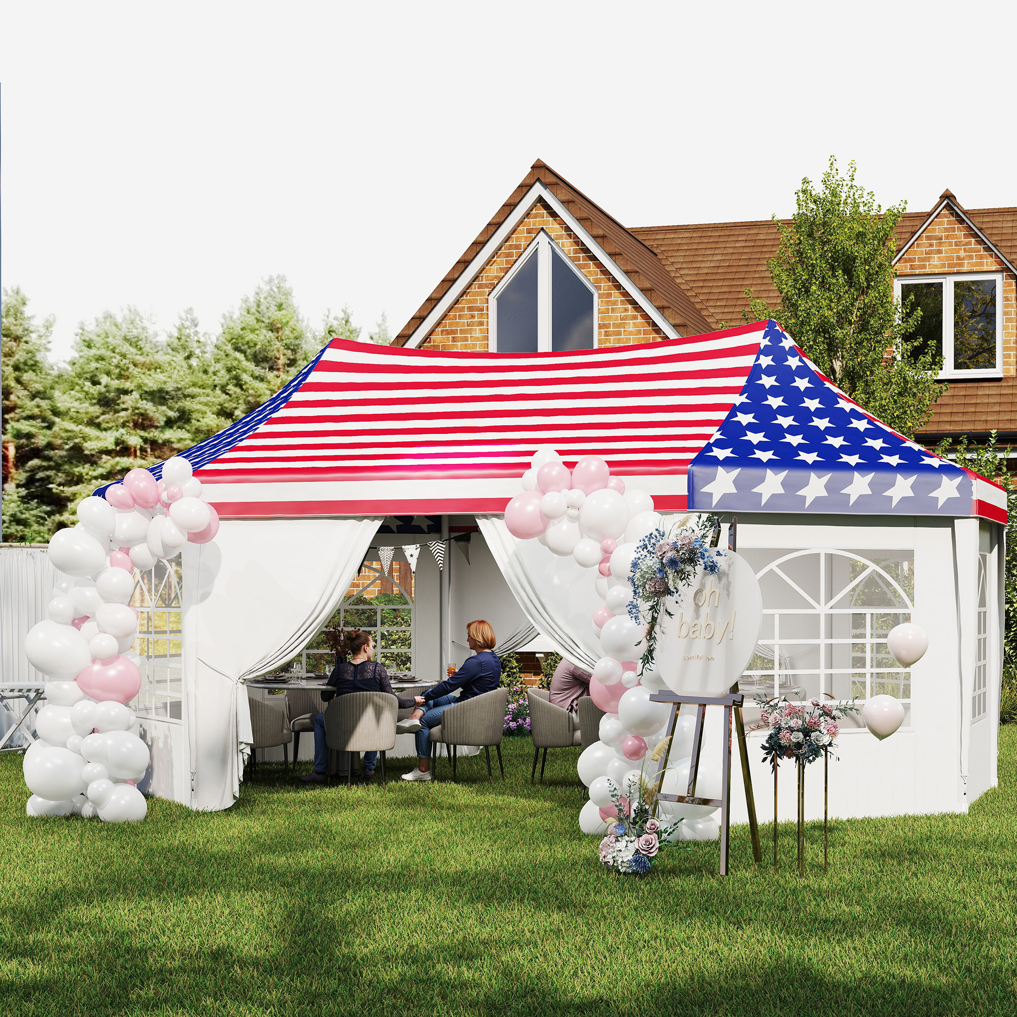  22.3 x 16.4 ft Heavy Duty Party Tent, Outdoot Canopy Tent with 2 Doors and 6 Windows, American Flag