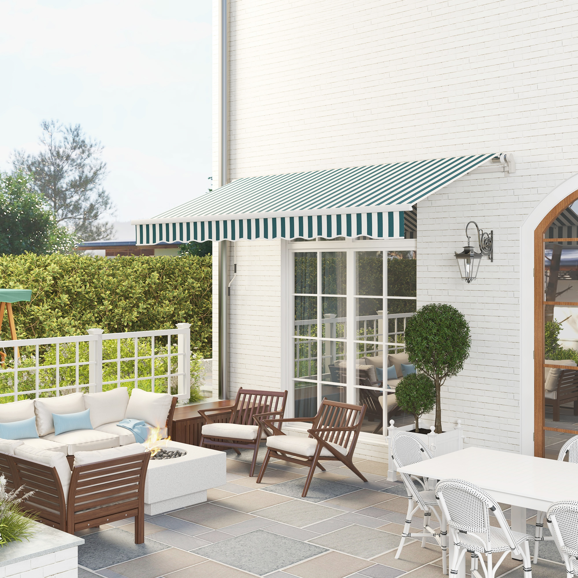 12' x 10' Retractable Awning Patio Awnings Sun Shade Shelter with Manual Crank Handle, 280g/m² UV & Water-Resistant Fabric and Aluminum Frame for Deck, Balcony, Yard, Green and White - Image 1
