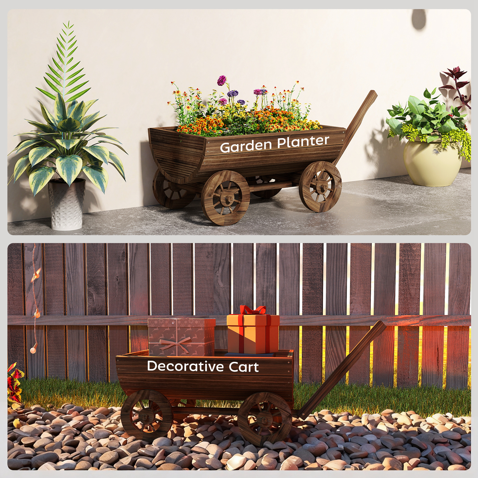  Wooden Wagon Planter Box, Mobile Garden Planter with 4 Wheels, Small Wheelbarrow Wagon Flower Cart with Drainage Hole
