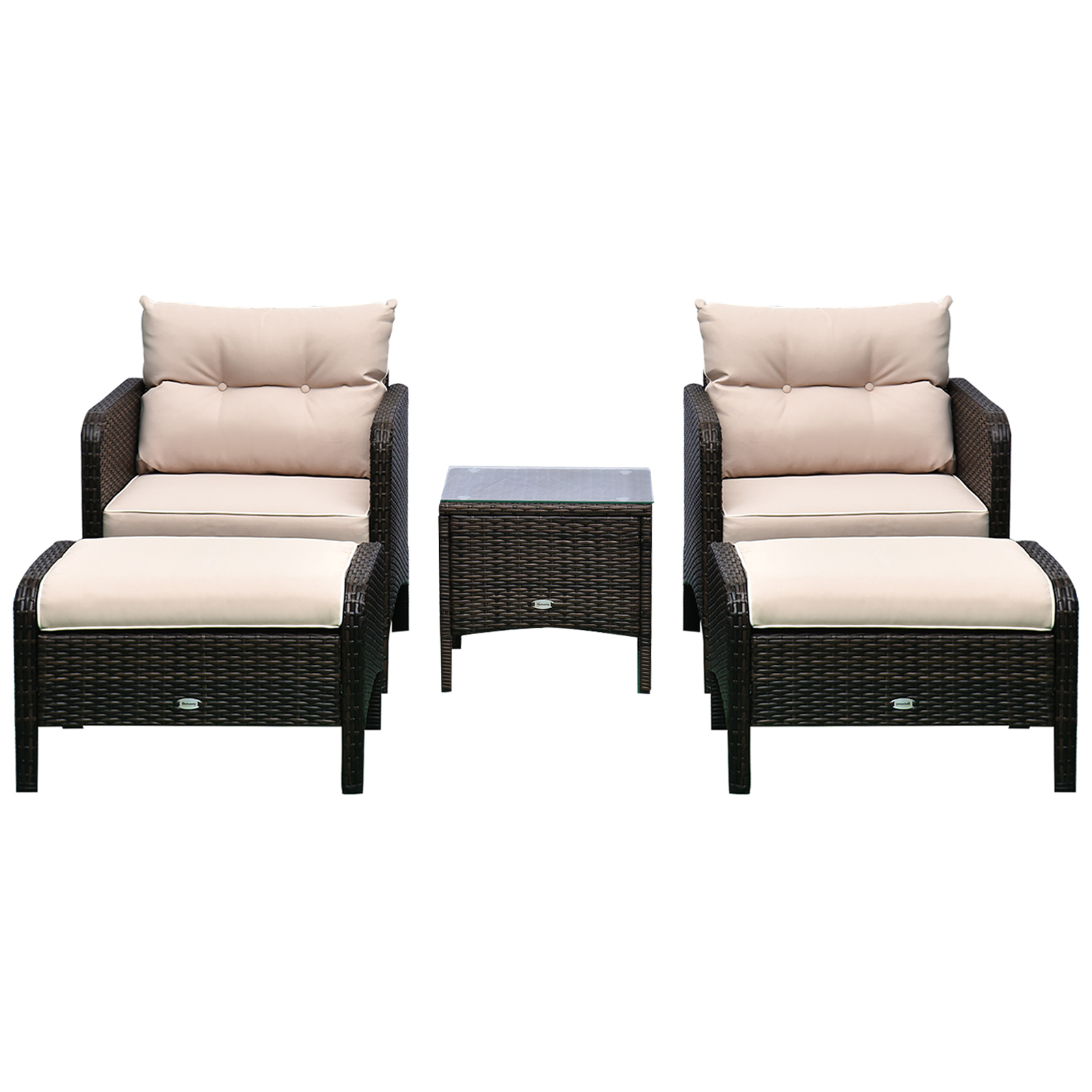  5 Pieces Rattan Wicker Lounge Chair Outdoor Patio Conversation Set with 2 Cushioned Chairs, 2 Ottomans and Tempered Glass Top Coffee Table, Brown/Beige
