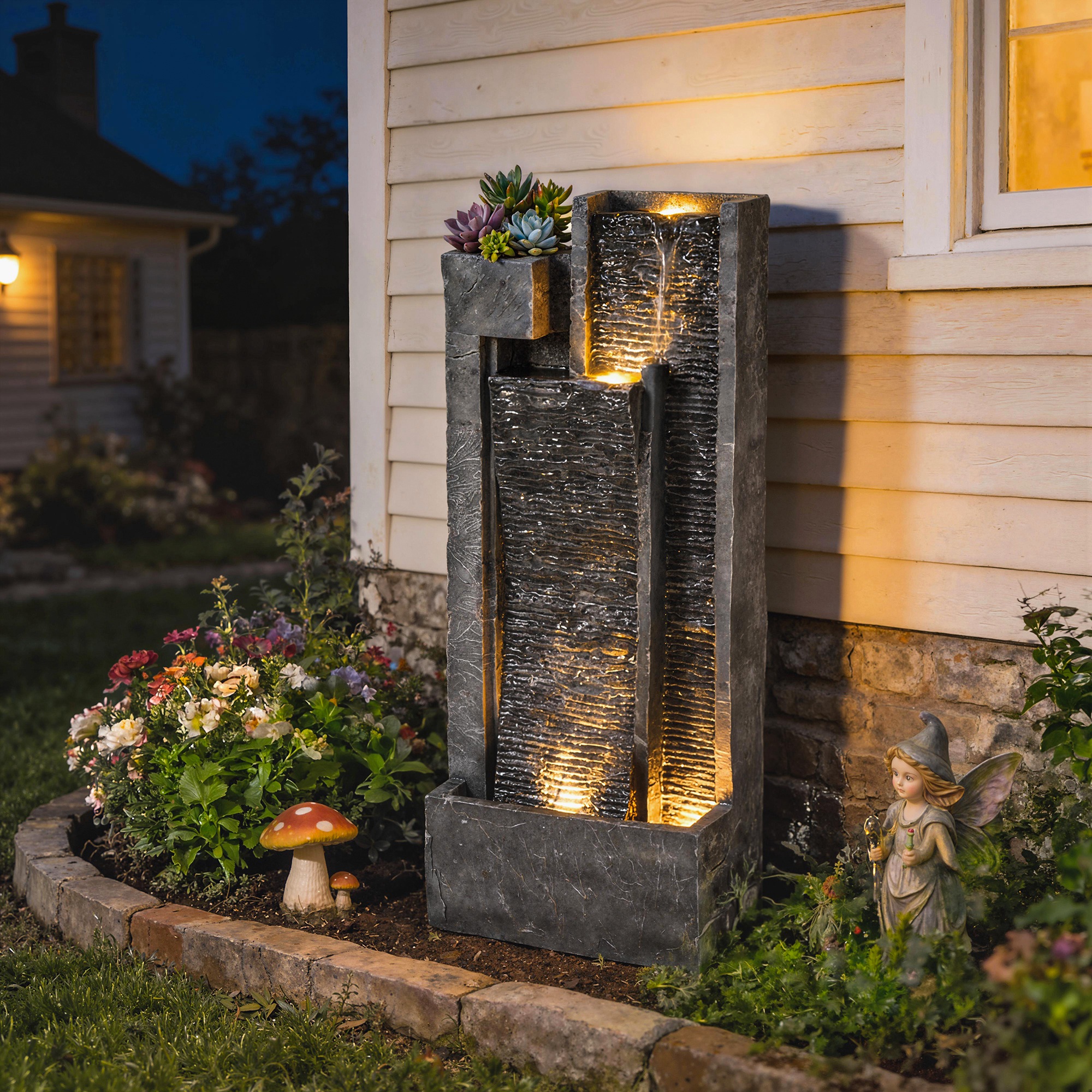  40" Tall Outdoor Waterfall Fountain with LED Lights and Planter, 3-Tier Cascading Waterfall Feature with Pump, Dark Gray