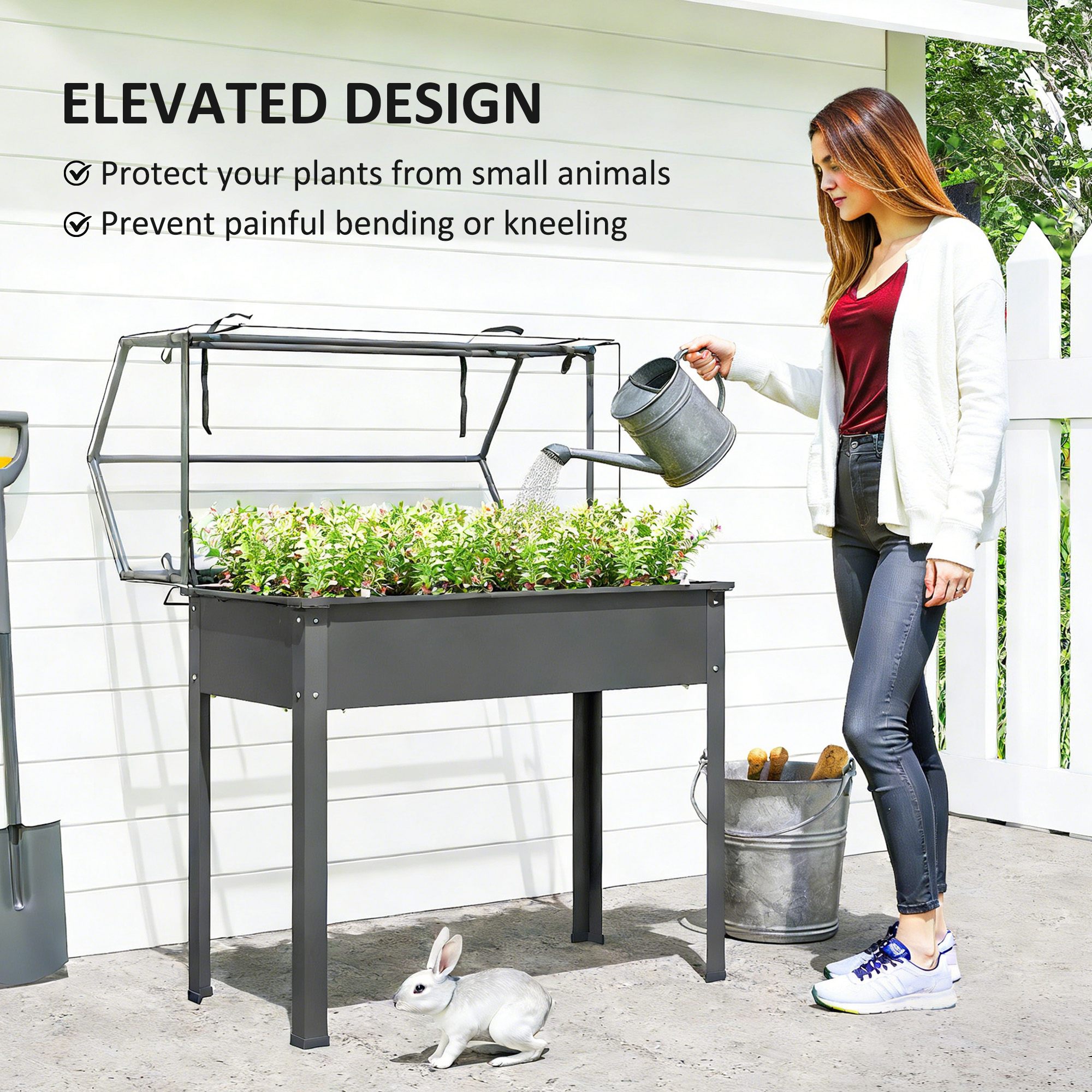 Elevated Garden Box with Greenhouse Cover, Raised Garden Bed with Legs and Drainage Hole for Vegetables, Dark Gray