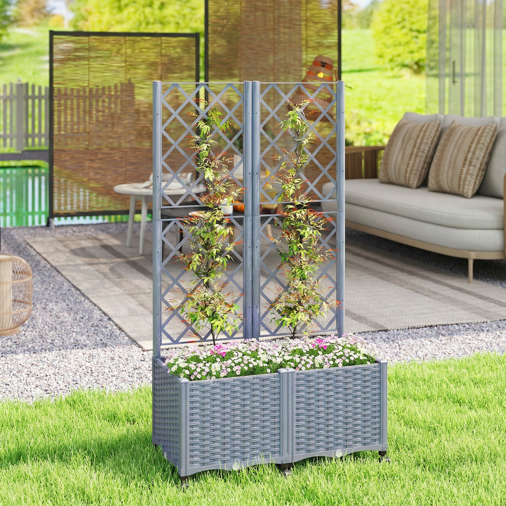  Planter Box with Trellis, Self Watering Raised Garden Bed with Lockable Wheels and Drainage Holes, Gray