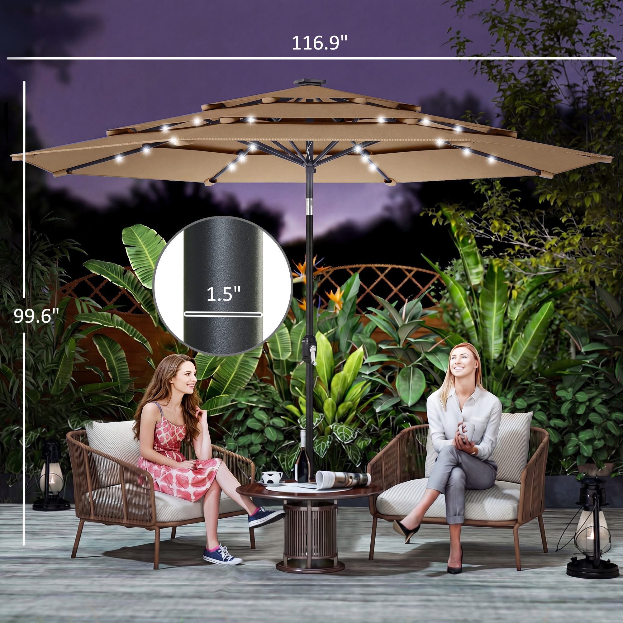  9.7 ft Outdoor Patio Umbrella with Solar LED Lights, 3 Tier Outdoor Table Umbrella with Tilt, Crank, Khaki