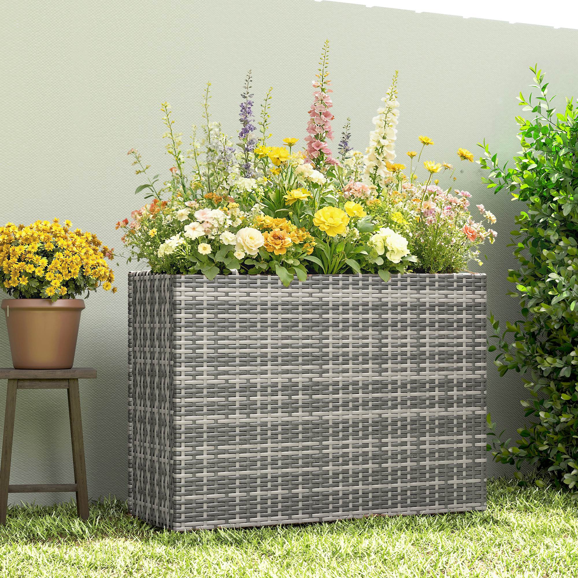  Tall Rectangular Planter with Removable Liner, Holes, PE Wicker Large Planter Box for Indoor Outdoor Plants, Gray