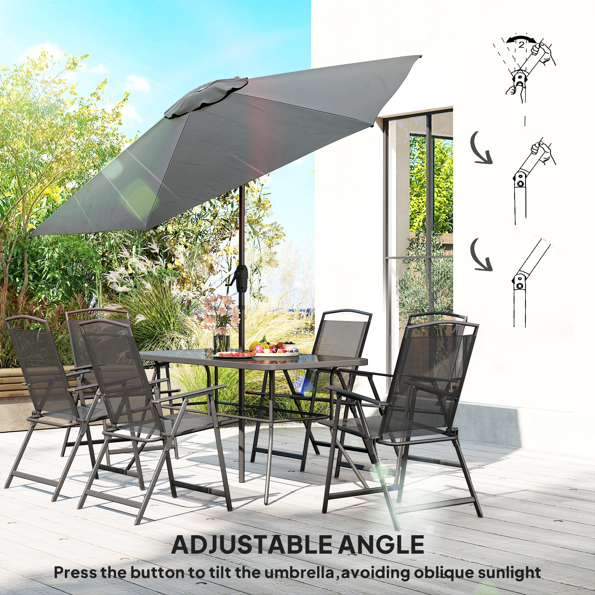  8 Piece Outdoor Dining Set, Patio Furniture Set with Umbrella, 6 Folding Chairs, Rectangle Table and Mesh Seat, Black