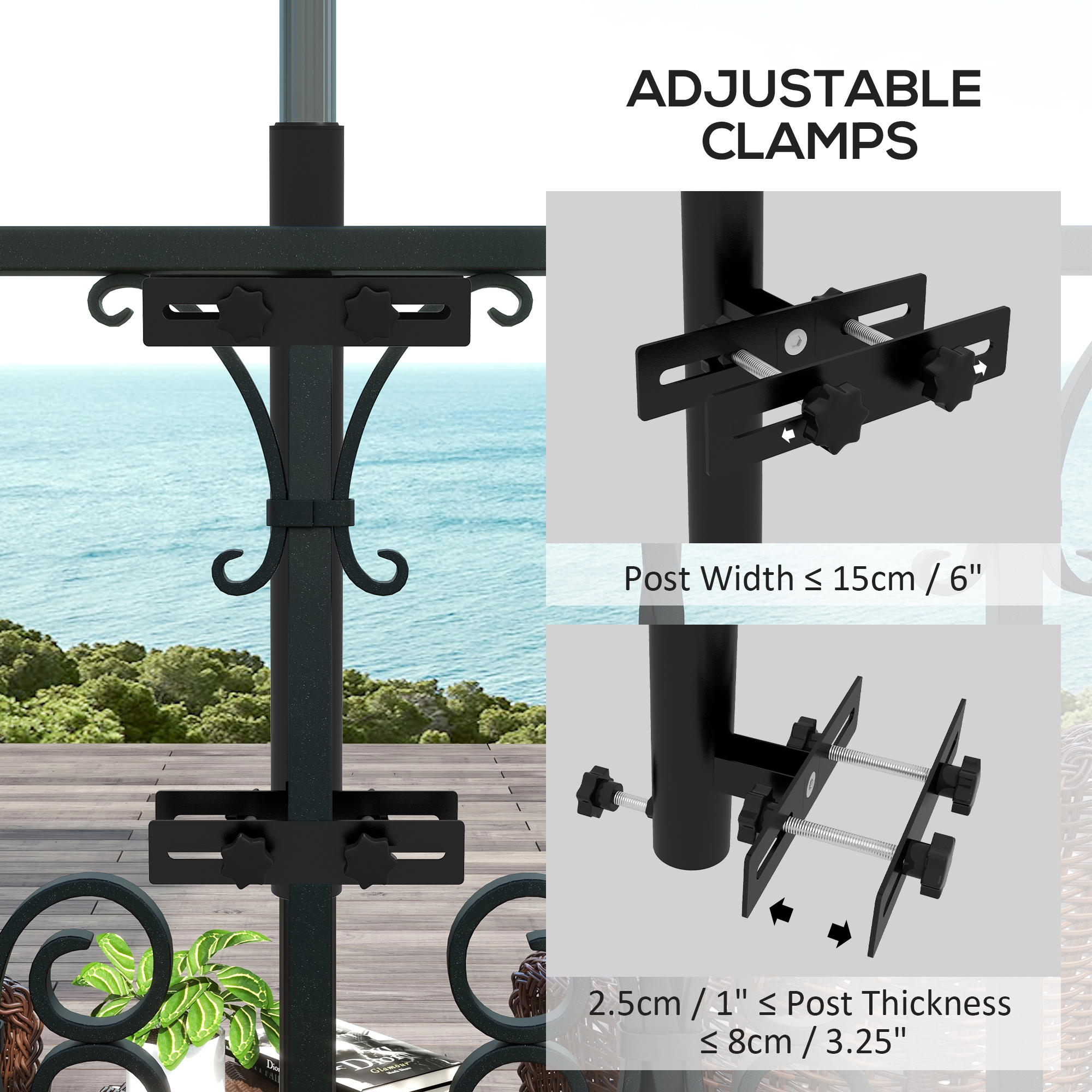  Patio Umbrella Holder Stand for Deck Railing, Umbrella Deck Mount Bracket with Adjustable Clamps, Black