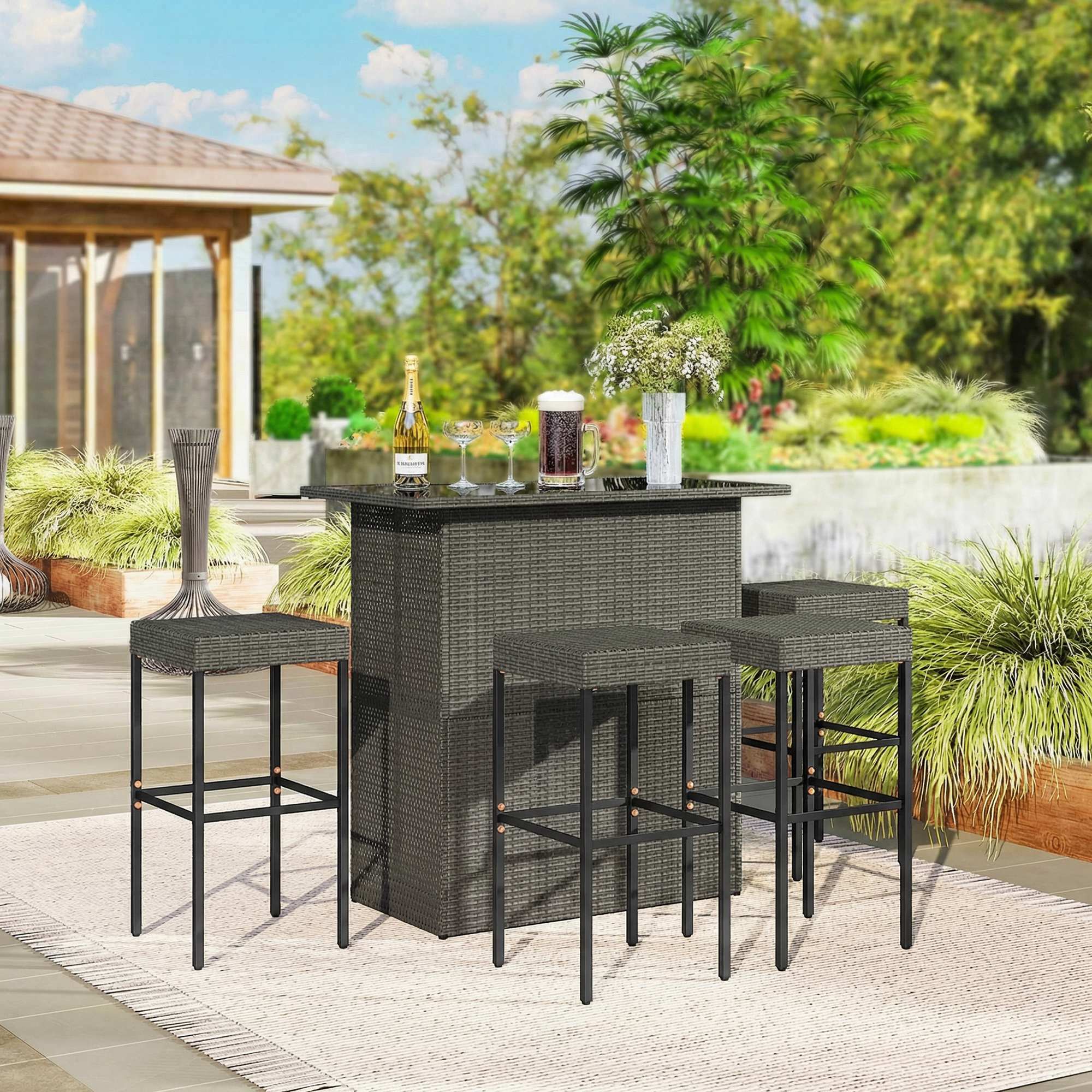 5 Piece Rattan Wicker Bar Set, High Top Outdoor Table and Chairs, Bar Height Patio Set, 2 Shelves & 4 Bar Stools, Gray