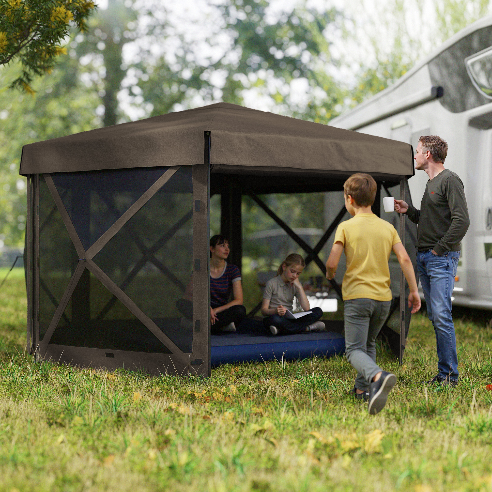  12' x 12' Hexagonal Pop Up Gazebo Canopy Tent with 5 Sidewalls, Outdoor Canopy Shelter with Carry Bag, Brown