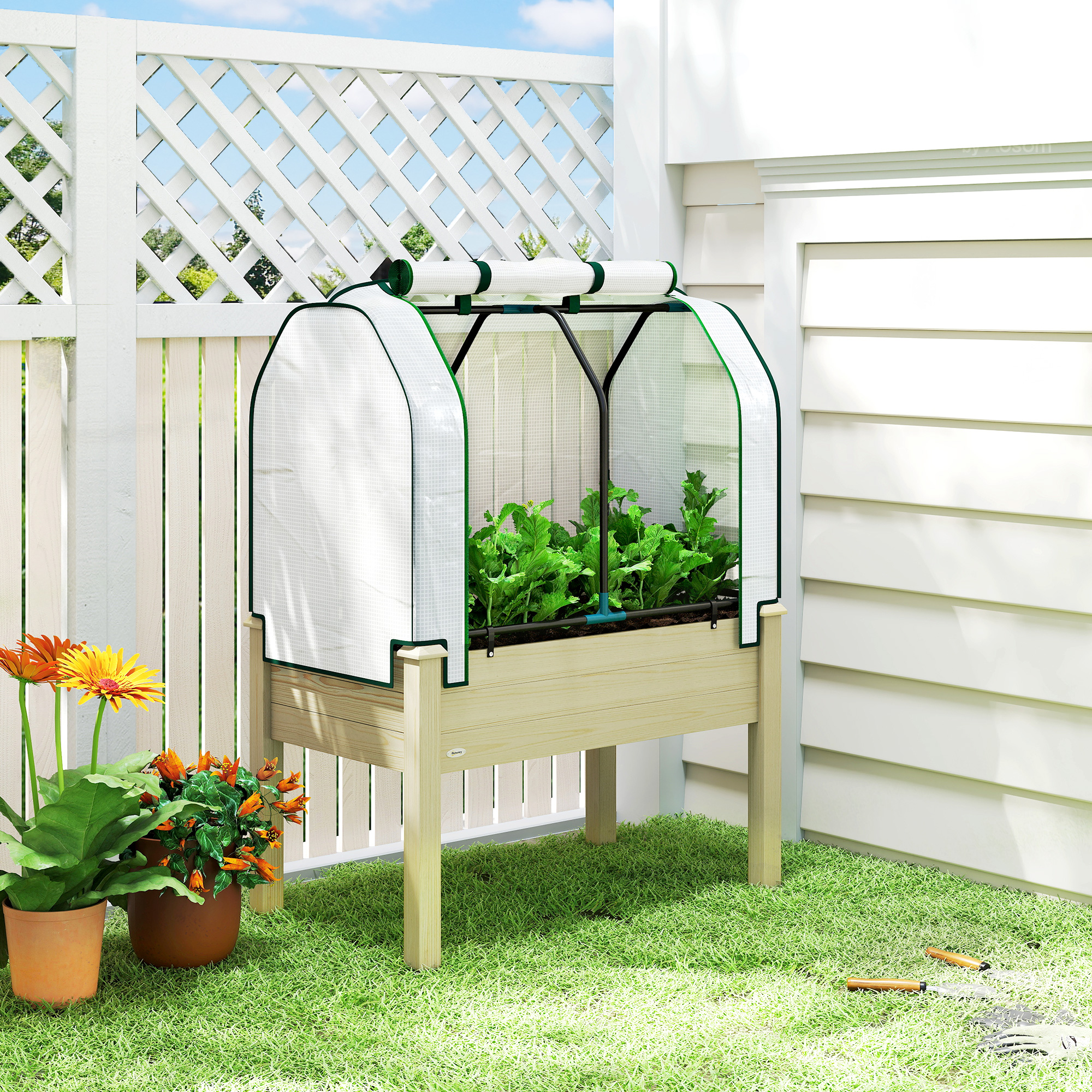  Raised Garden Bed with PE Greenhouse Cover Outdoor Planter Box for Herbs and Vegetables, 35 x 22 x 47 inch, Natural