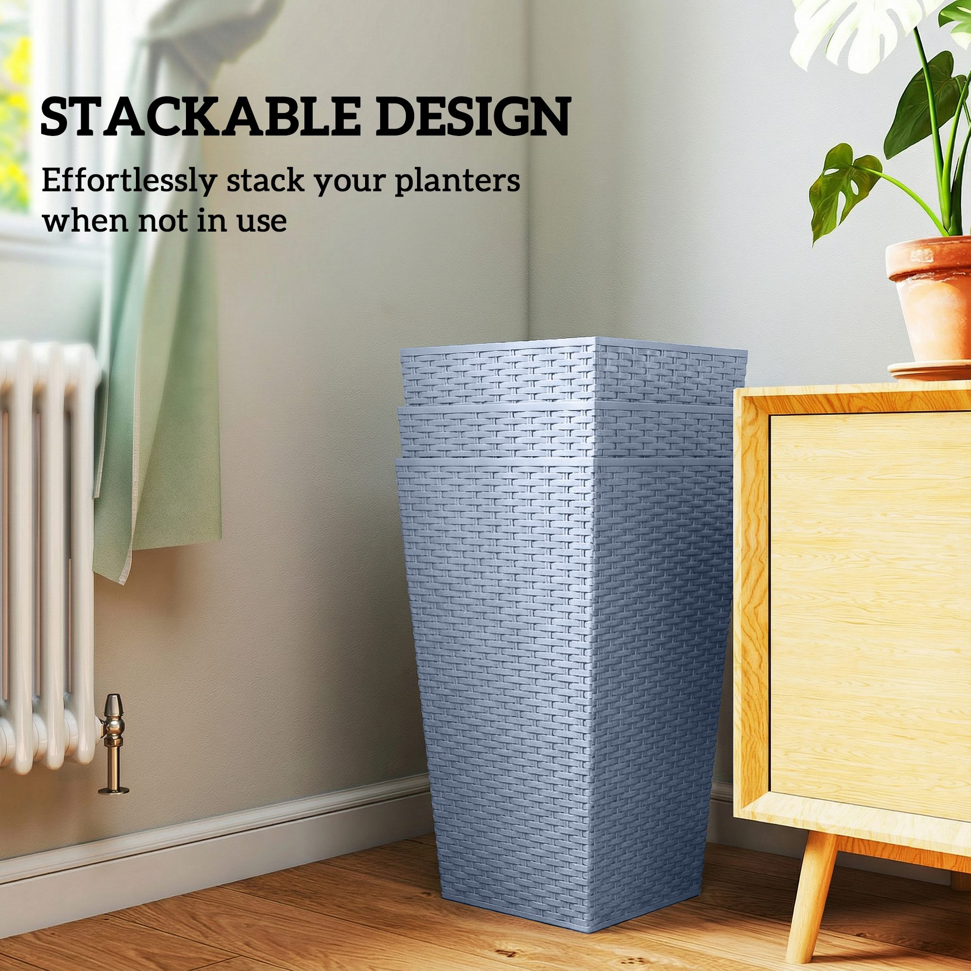  Tall Planters for Outdoor Plants Set of 3, 24 In Taper Planters with Drainage Holes, Rattan Decor Plant Pots, Light Gray