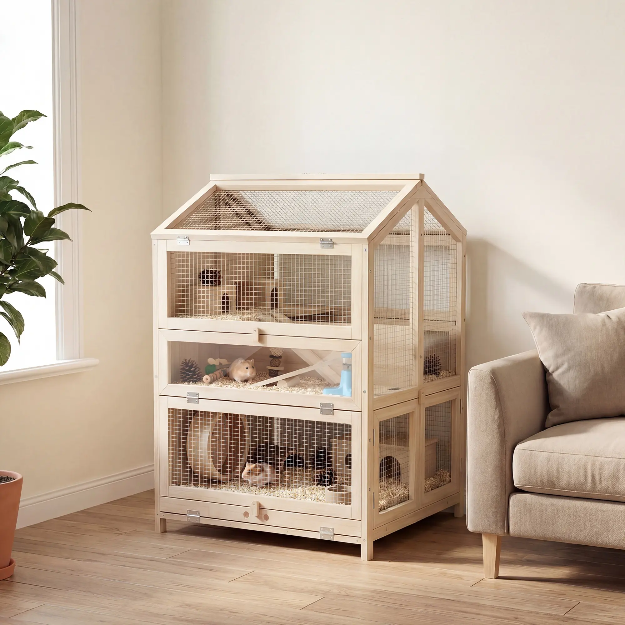 Wooden Hamster Cage, Large 3 Tier Cage