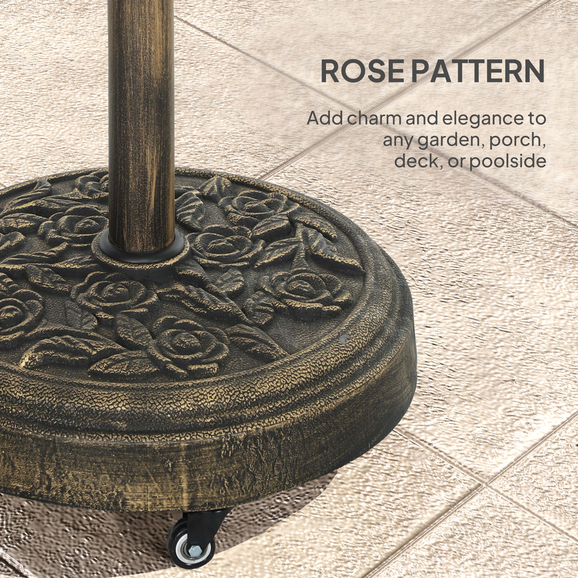  Round Patio Umbrella Base, 46 lbs Resin Umbrella Base with Wheels, Outdoor Umbrella Stand for 1.3"/1.5"/1.9" Umbrella Poles for Outdoor, Lawn, Poolside, Bronze
