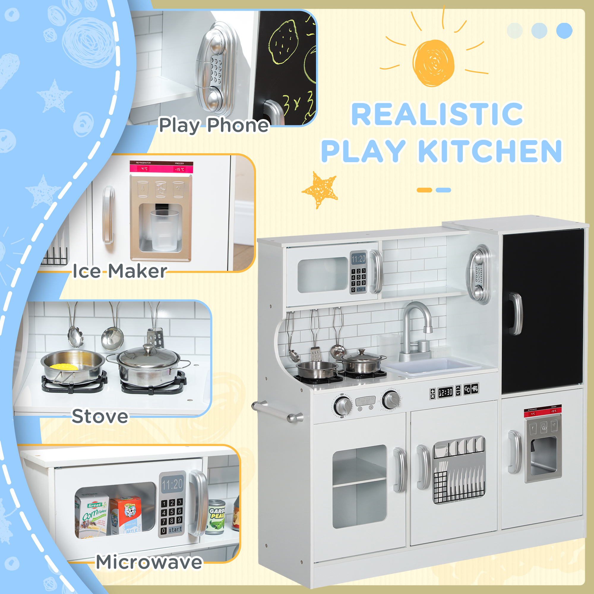 Pretend Play Kitchen, Kids Kitchen Playset with Play Phone, Chalkboard, Towel Rack & Ice Maker for 3-8 Years White