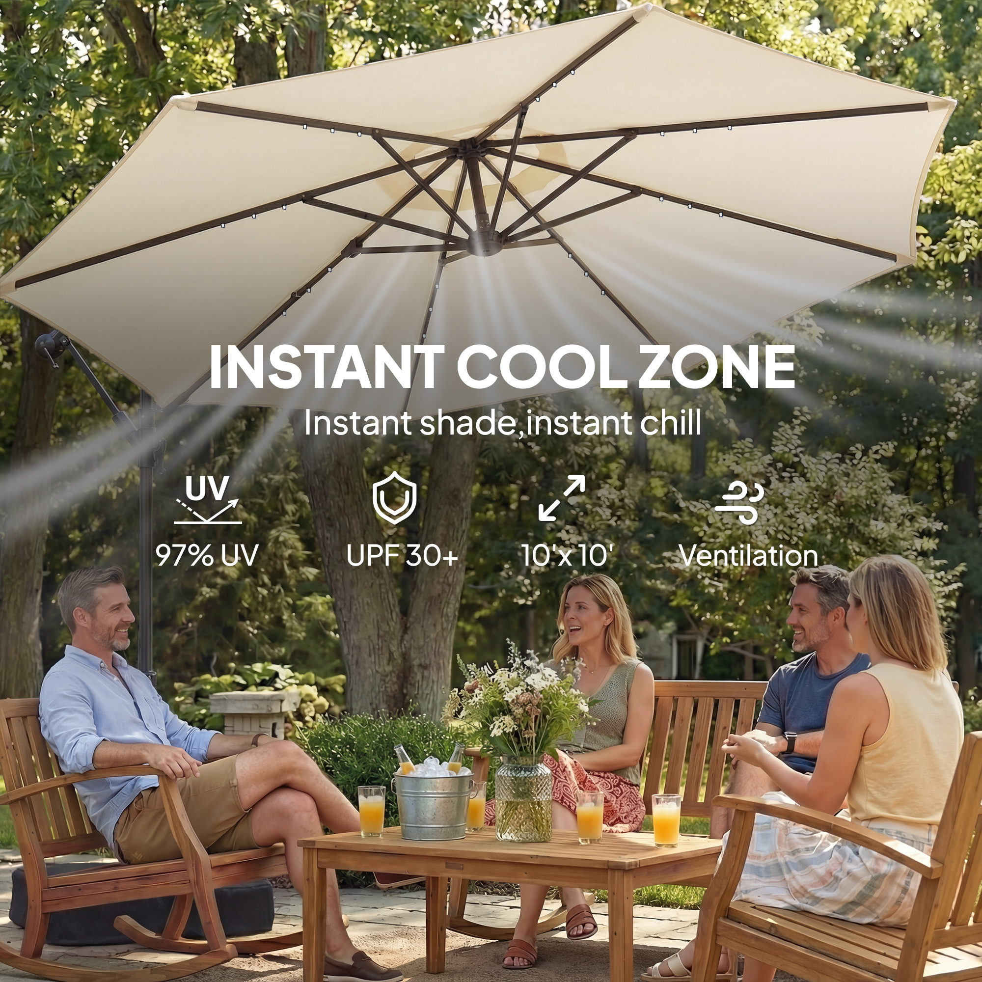  10 ft Cantilever Patio Umbrella with Light, Weight, Offset Hanging Outdoor Umbrella with Protective Cover, Cream White