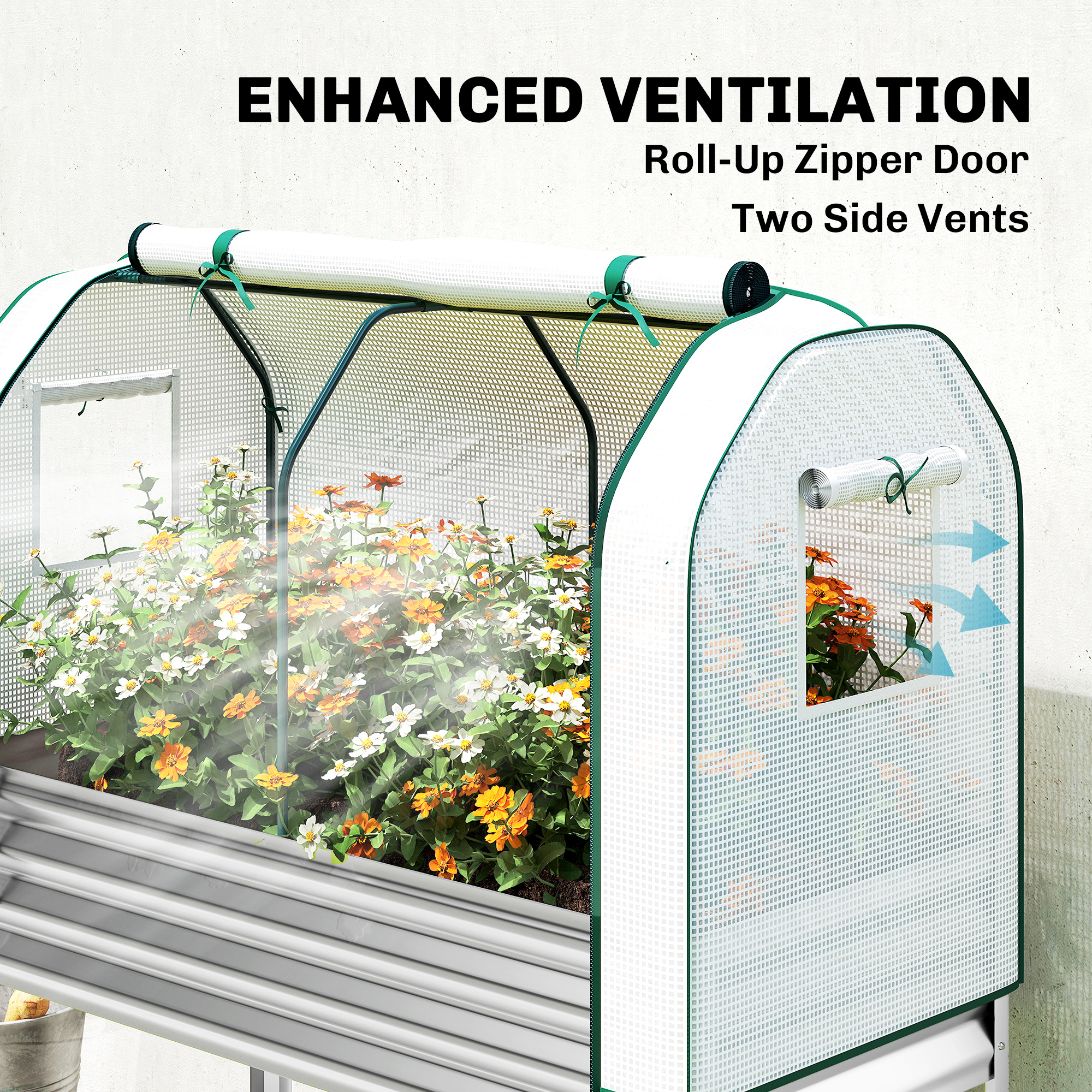  Galvanised Raised Garden Bed with Greenhouse Cover, Metal Elevated Garden Bed with Bed Liner, Bottom Shelf, Silver