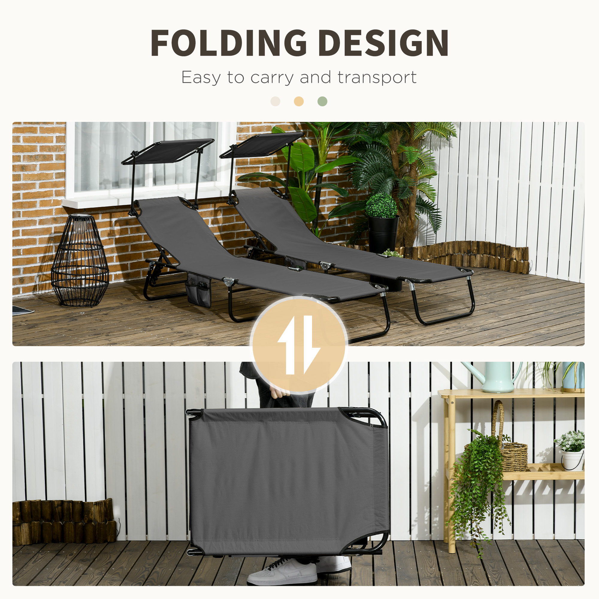  Pool Chaise Lounge Chairs Set of 2, Folding Lounge Chairs with Sunshade, Reclining Back, Steel Frame, Dark Gray