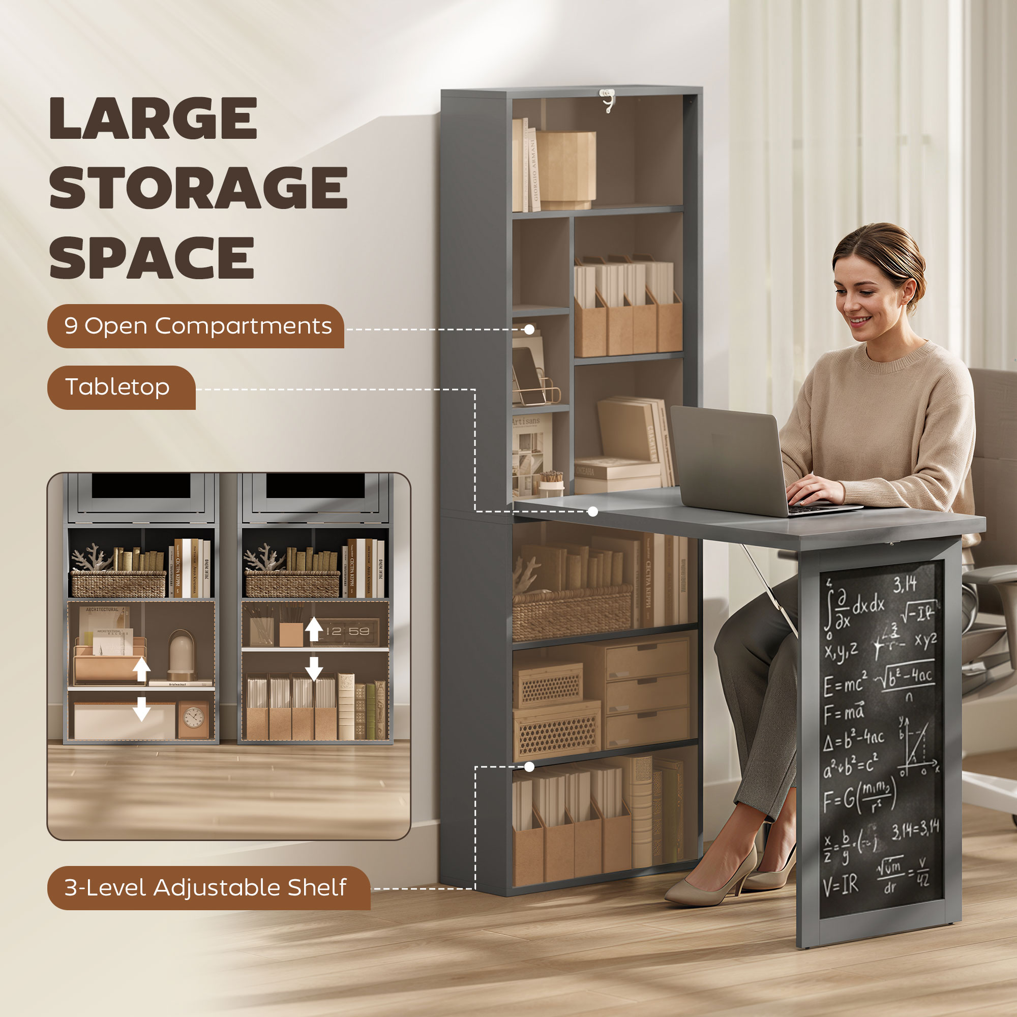 Fold-out Convertible Office Desk, Wall Mount Computer Desk with Blackboard and Side Shelf, Charcoal Gray image 4
