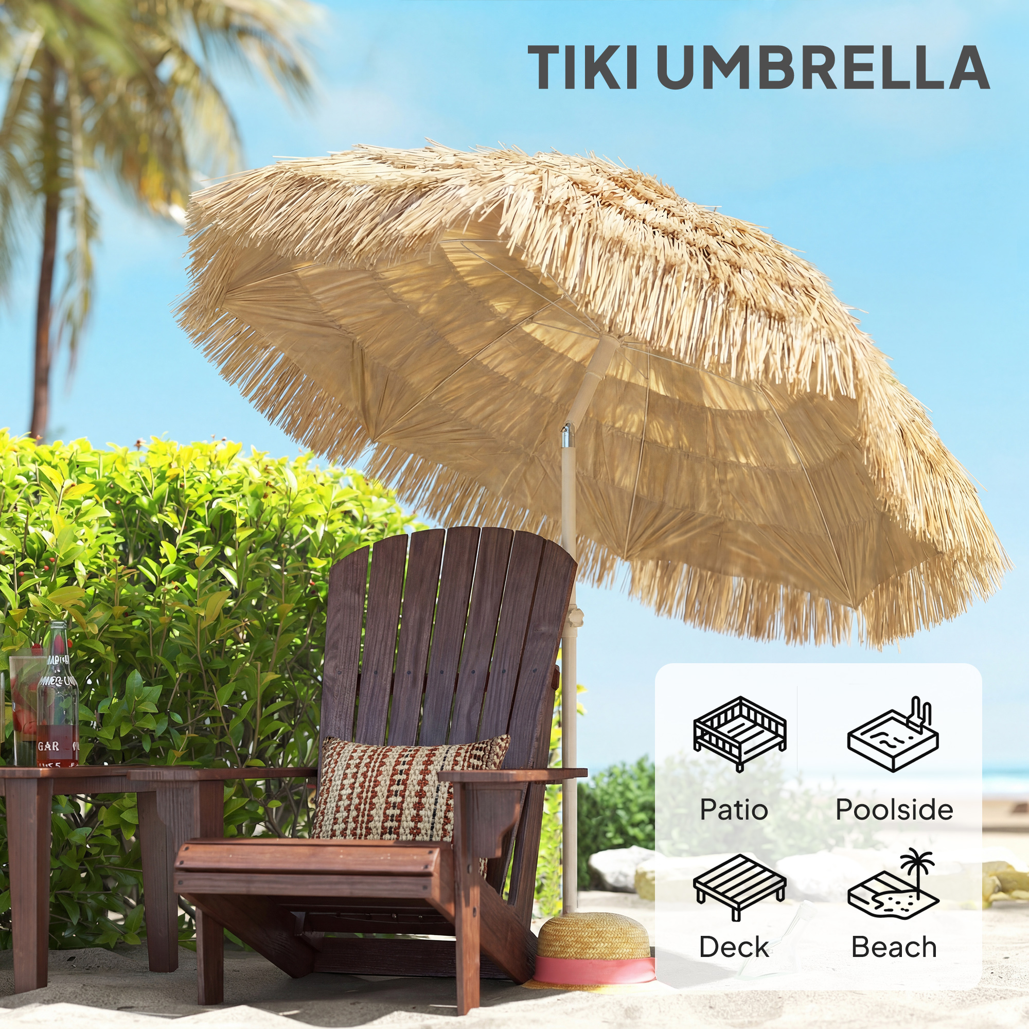  6FT Tiki Umbrella, Outdoor Hawaiian Style Patio Umbrella with 8 Ribs, Carry Bag, Outdoor Tiki Bar, Tropical Palapa