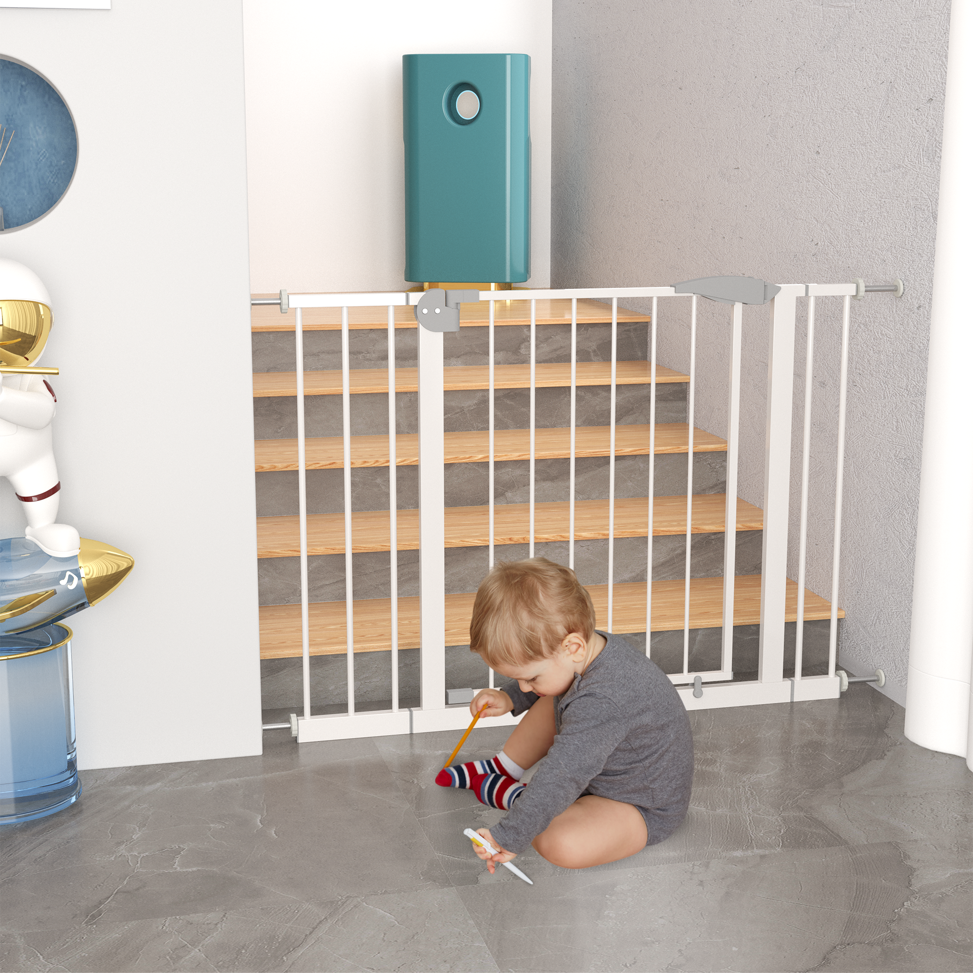 29.5-45.3 Wide Baby Gate For Stairs, Dog Gate Indoor For Doorways, No Drilling Pressure Mounted Pet Gates For Kids, Easy Walk Through Safety Gate, White