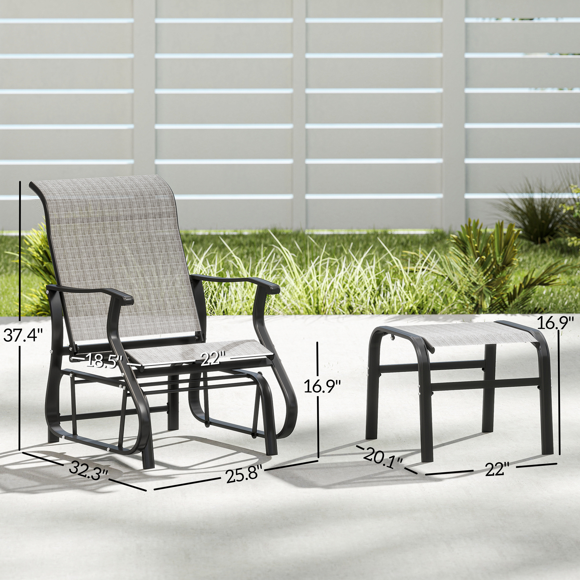  Outdoor Glider with Ottoman, Patio Glider Chair Set with High Back, Wide Seat for Porch, Garden, Backyard, Gray